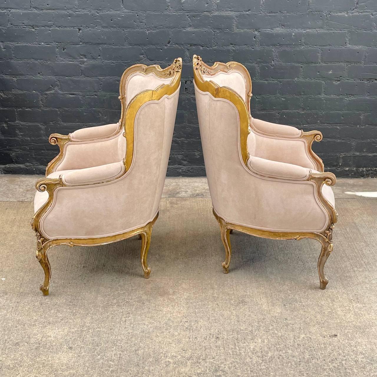 Velvet Pair of French Louis XV Style Painted & Parcel-Gilt Armchairs  For Sale