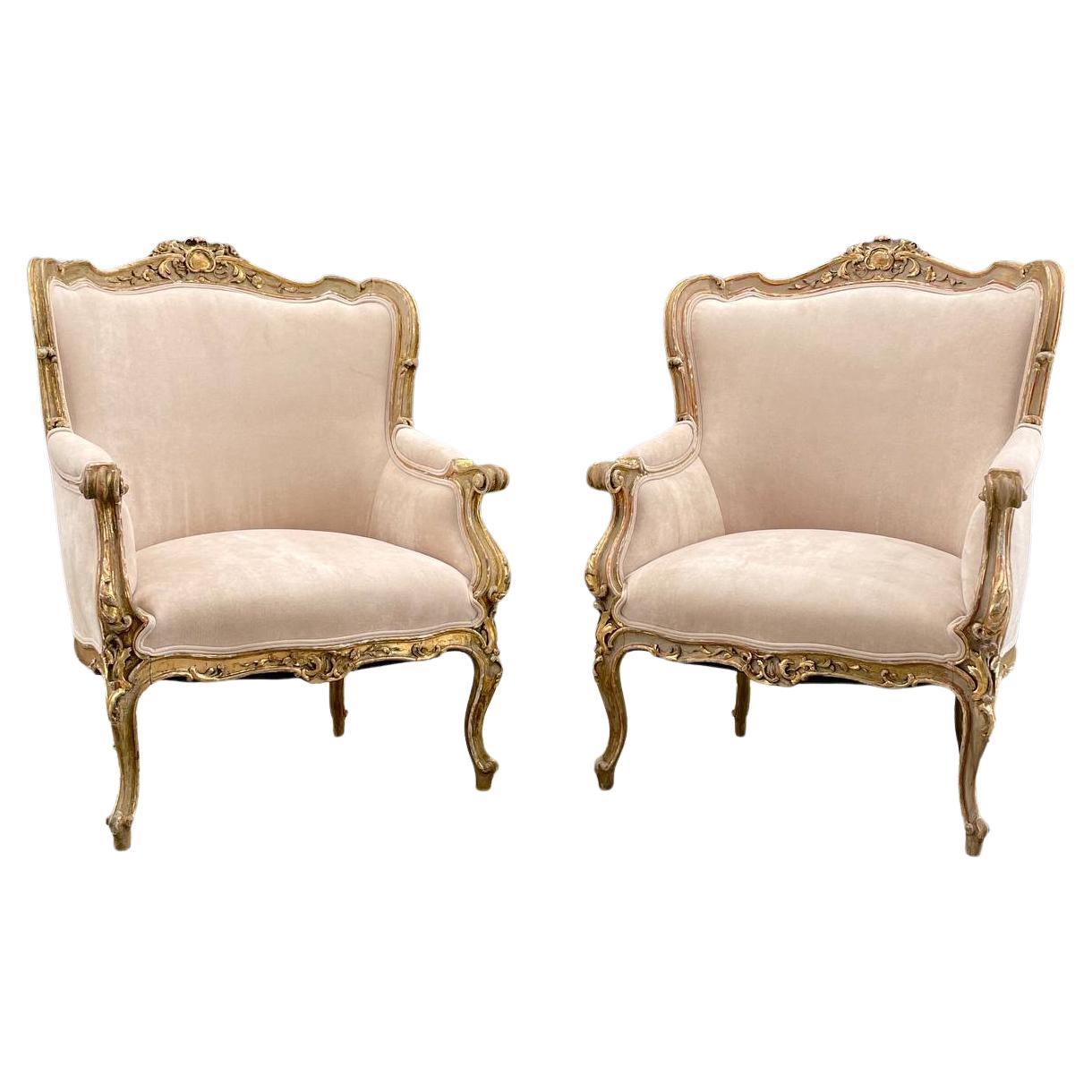 Pair of French Louis XV Style Painted & Parcel-Gilt Armchairs  For Sale