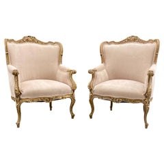 Antique Pair of French Louis XV Style Painted & Parcel-Gilt Armchairs 