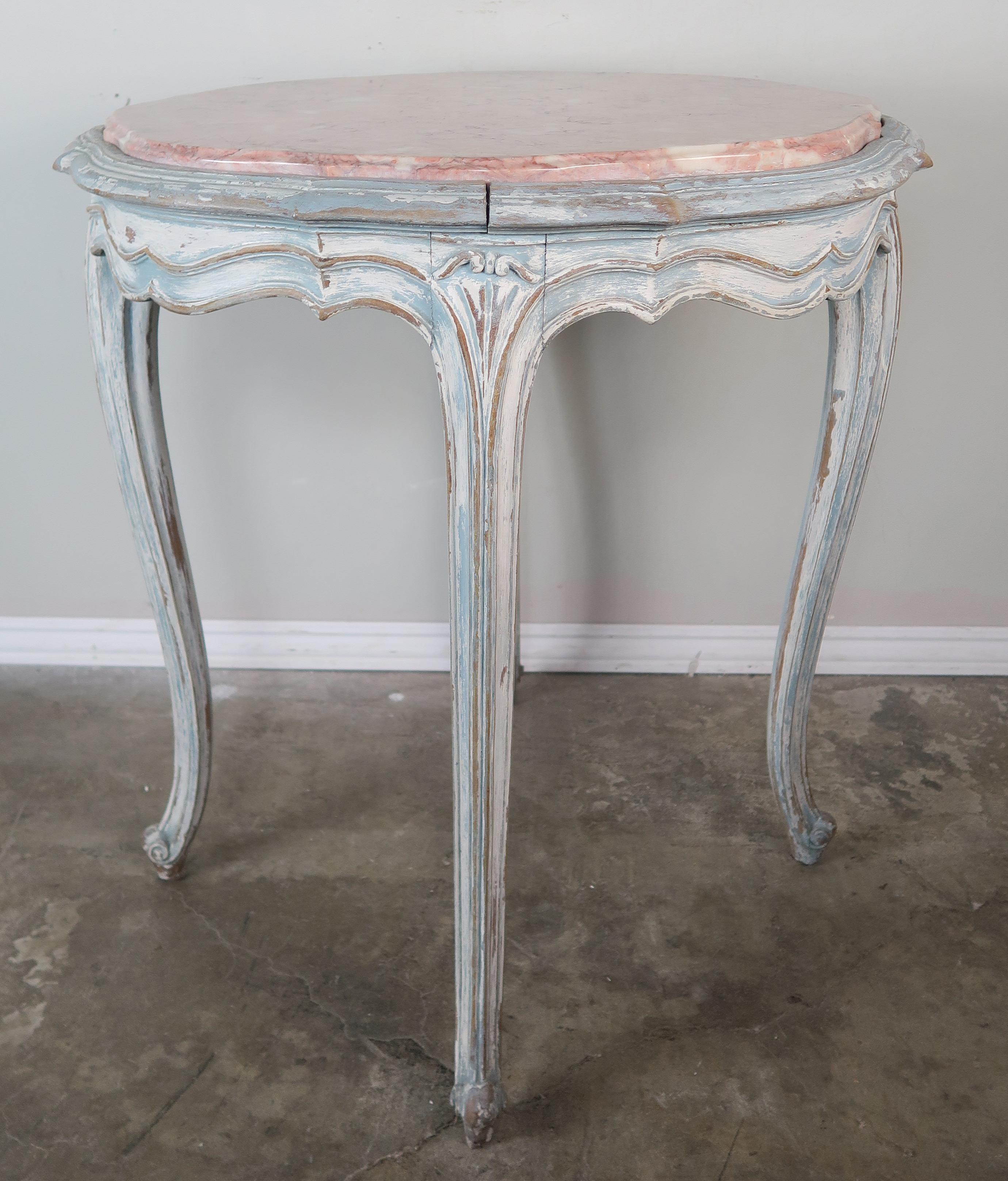 Hand-Painted Pair of French Louis XV Style Painted Tables with Marble Tops
