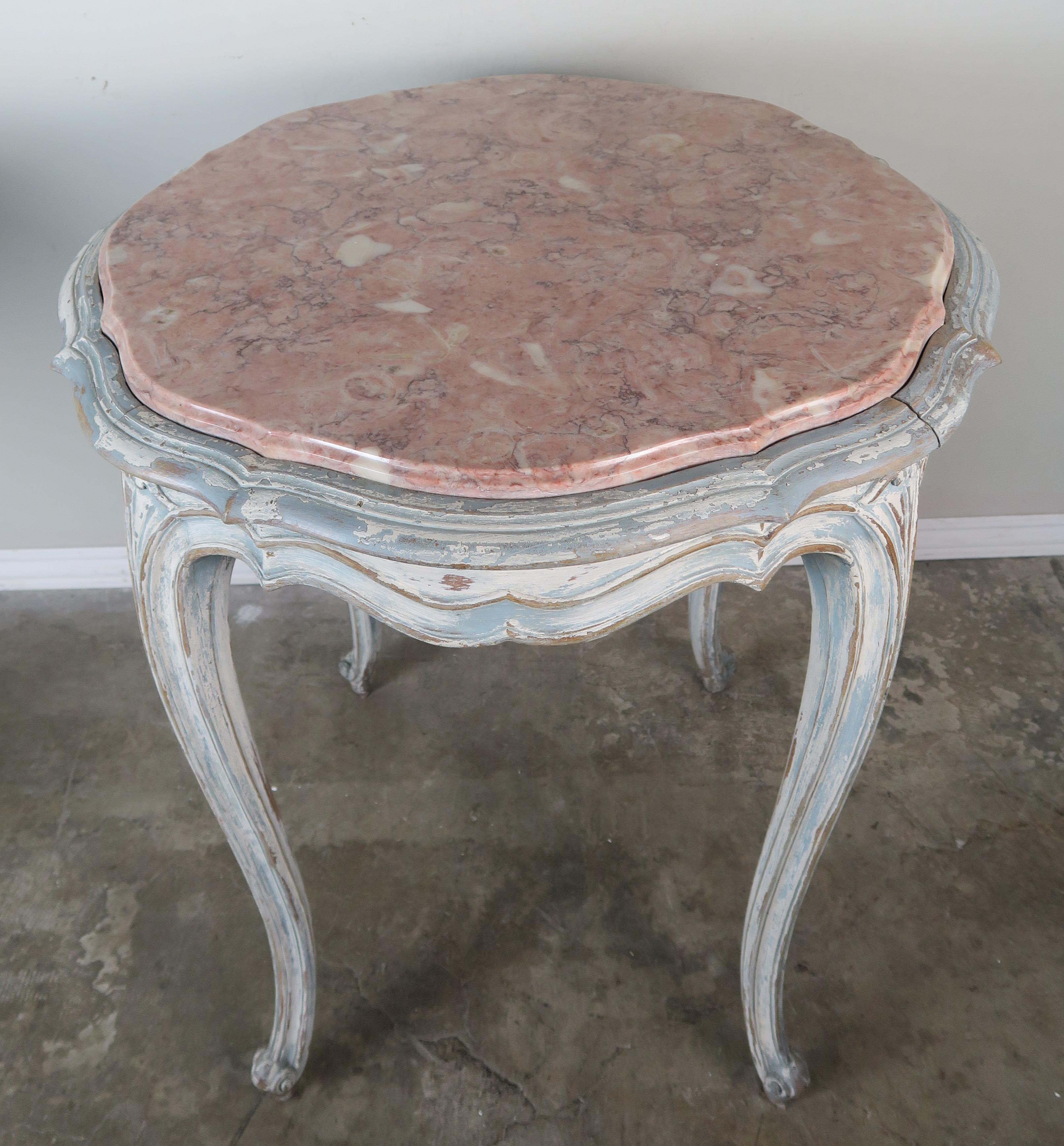 Pair of French Louis XV Style Painted Tables with Marble Tops In Distressed Condition In Los Angeles, CA