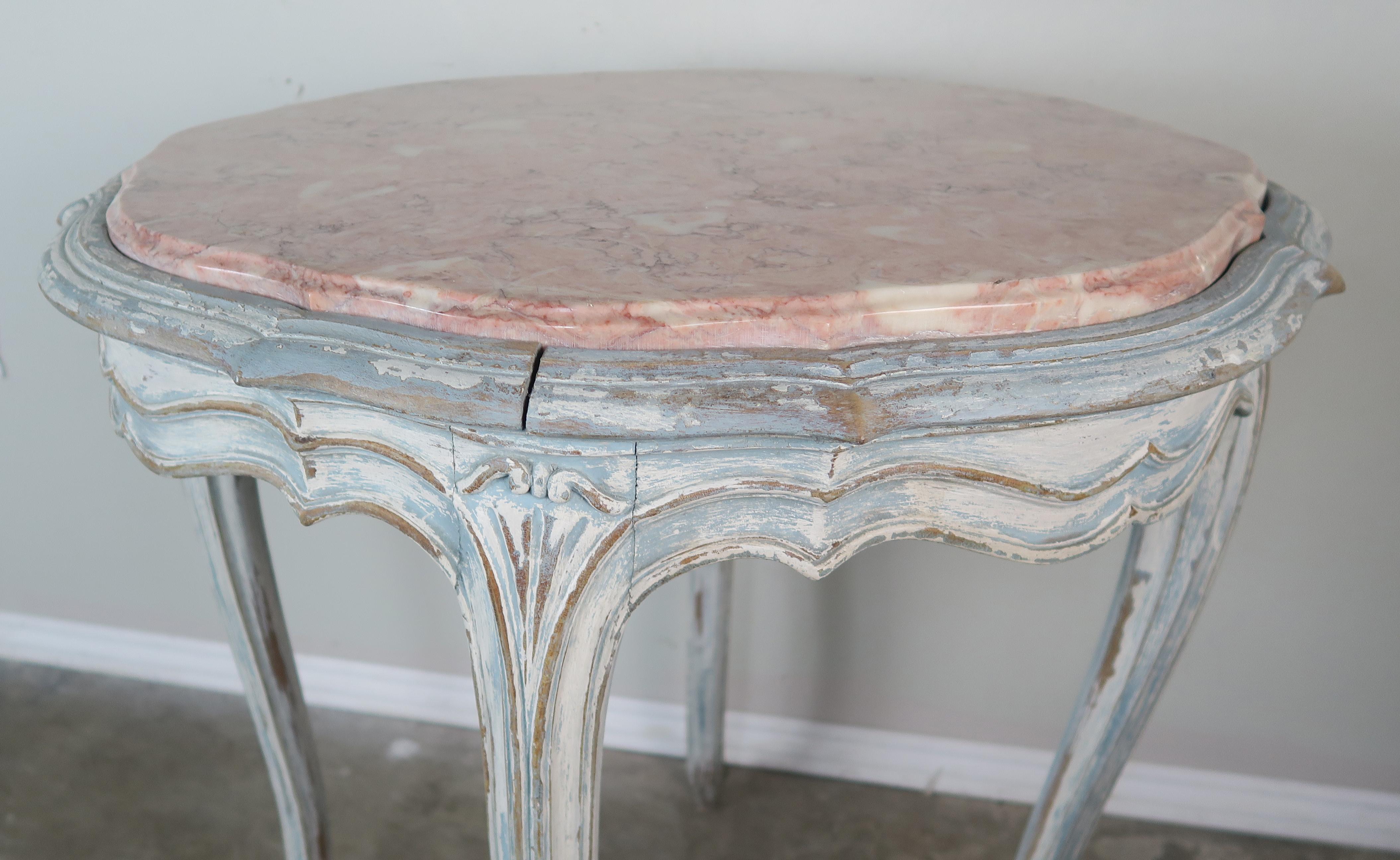 Pair of French Louis XV Style Painted Tables with Marble Tops 3
