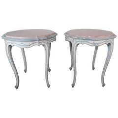 Pair of French Louis XV Style Painted Tables with Marble Tops