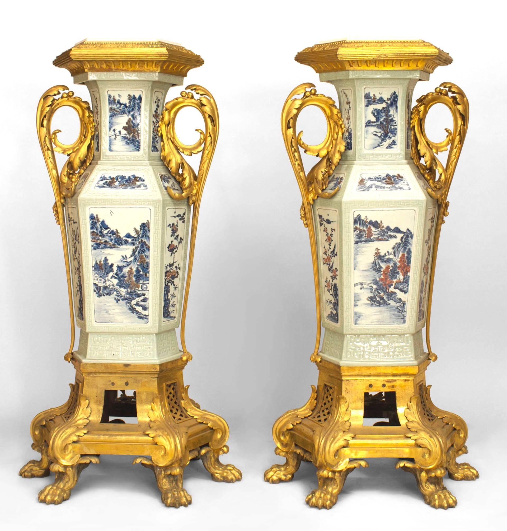Pair of French Louis XV style (19th Cent) pedestals with Asian Chinese style celadon porcelain and bronze dore festoon trim and base with claw feet.
