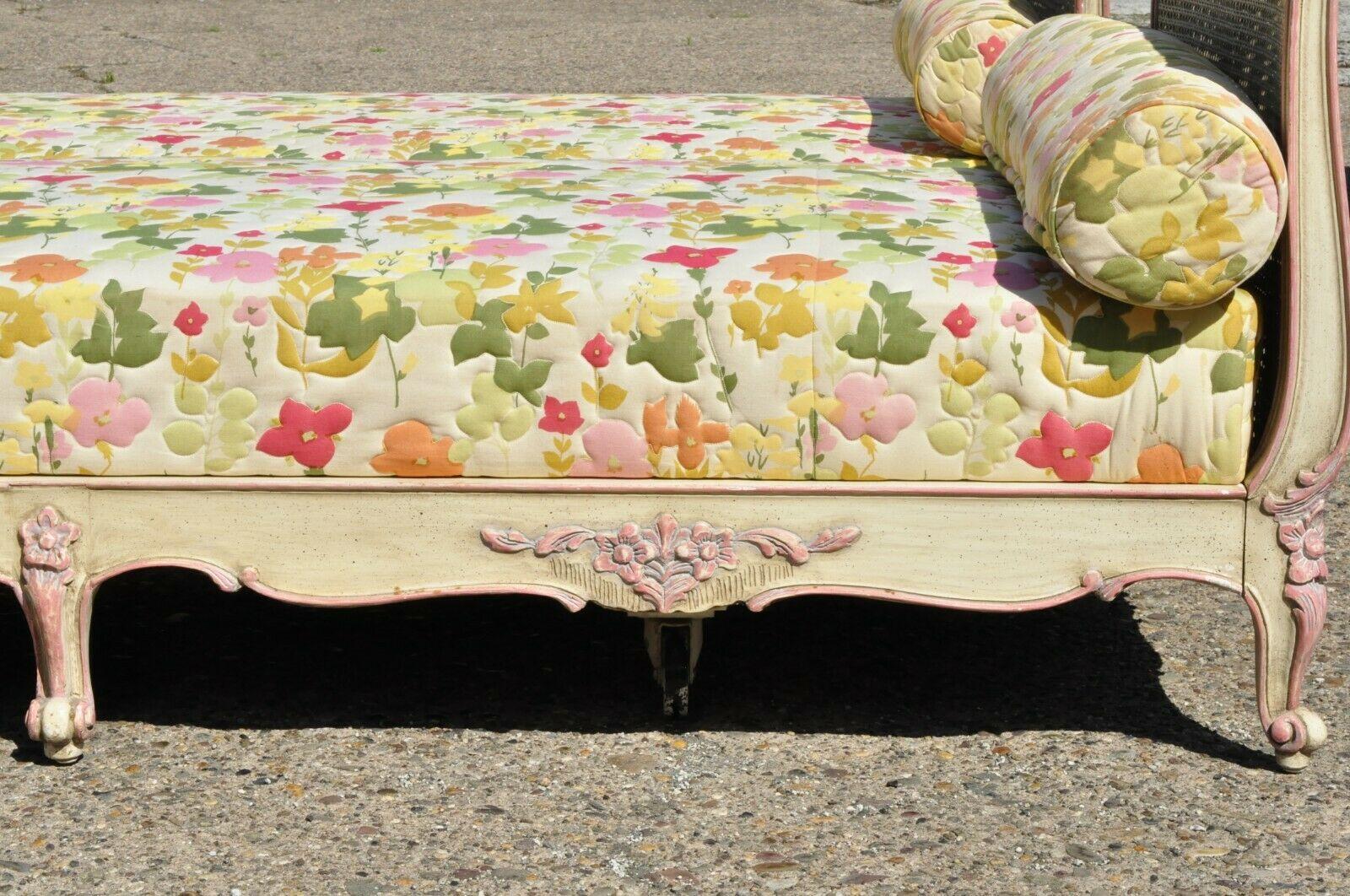 Pair of French Louis XV Style Pink & Cream Painted Bed Carved Wood & Cane Daybed For Sale 4