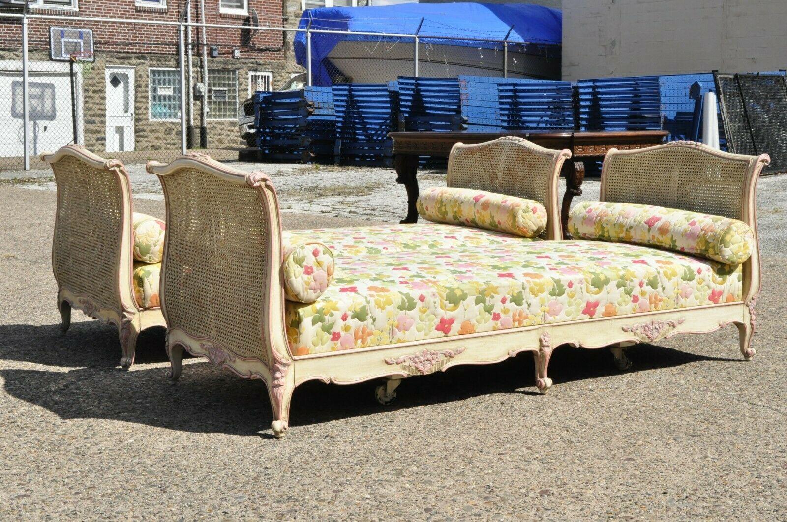 Pair of French Louis XV Style Pink & Cream Painted Bed Carved Wood & Cane Daybed For Sale 5