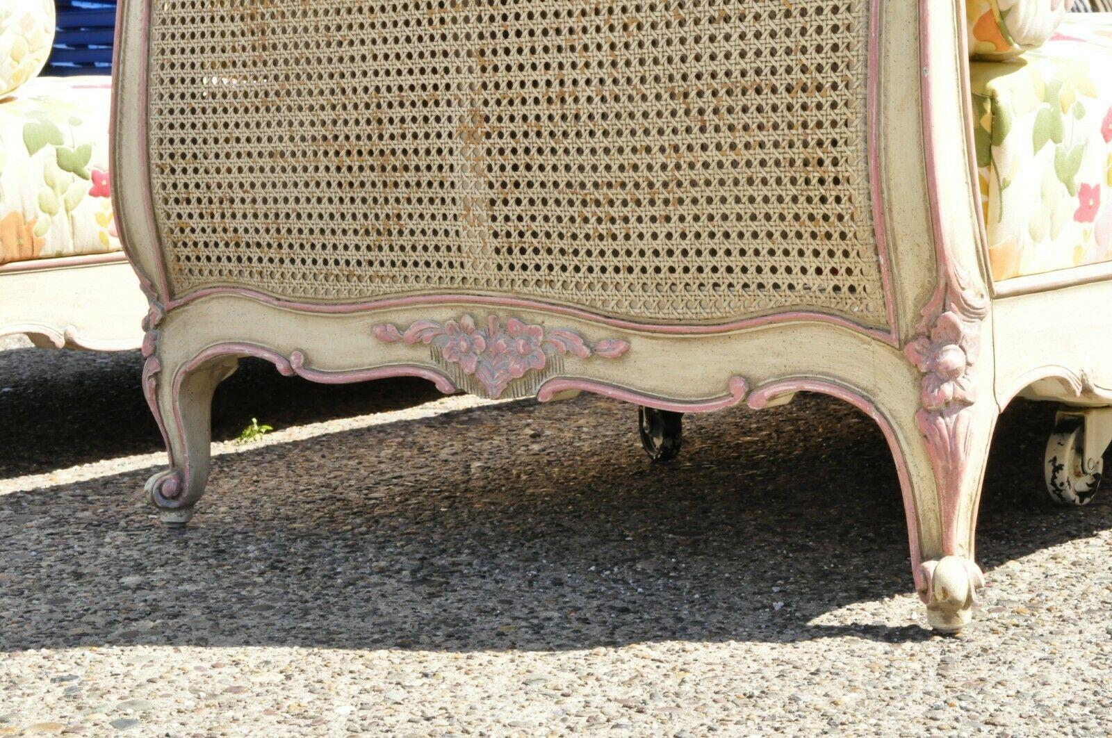 Pair of French Louis XV Style Pink & Cream Painted Bed Carved Wood & Cane Daybed In Good Condition For Sale In Philadelphia, PA