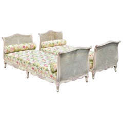 Used Pair of French Louis XV Style Pink & Cream Painted Bed Carved Wood & Cane Daybed