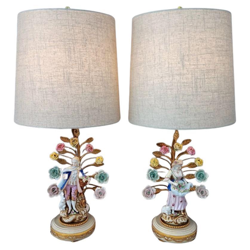 Pair of French Louis XV-Style Porcelain Provincial Figural Lamps For Sale