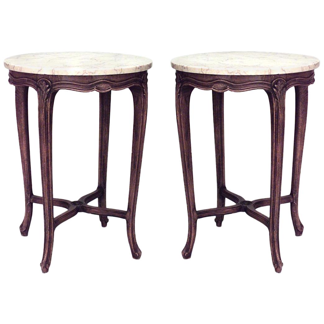 Pair of French Louis XV Small Walnut and Marble End Tables For Sale