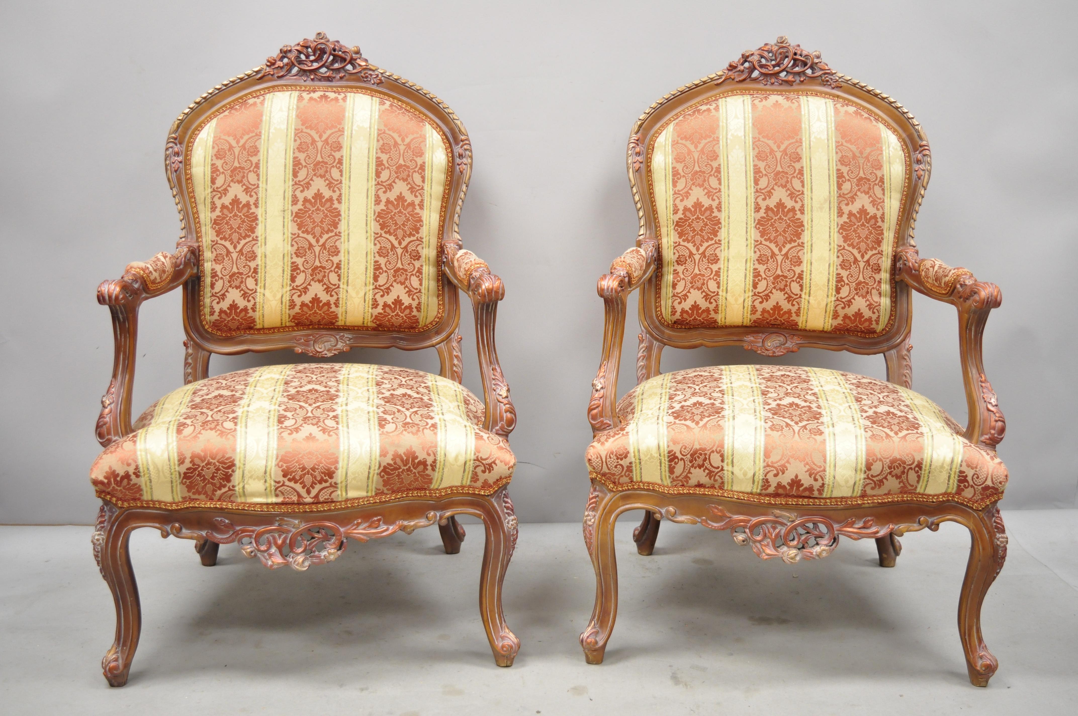 Pair of French Louis XV Style Repro Pink and Gold Bergere Lounge Armchairs 5