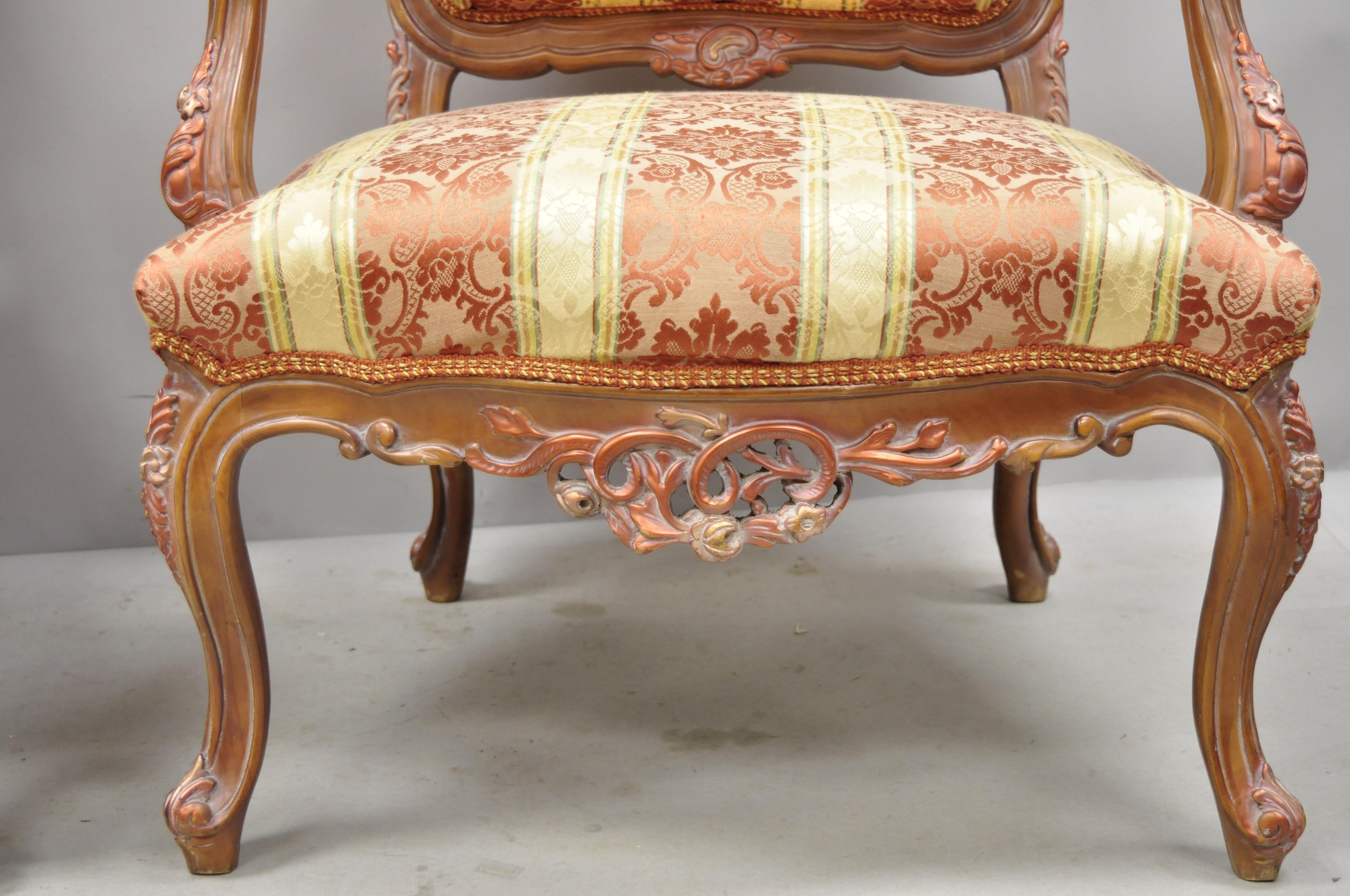 Pair of French Louis XV Style Repro Pink and Gold Bergere Lounge Armchairs 1
