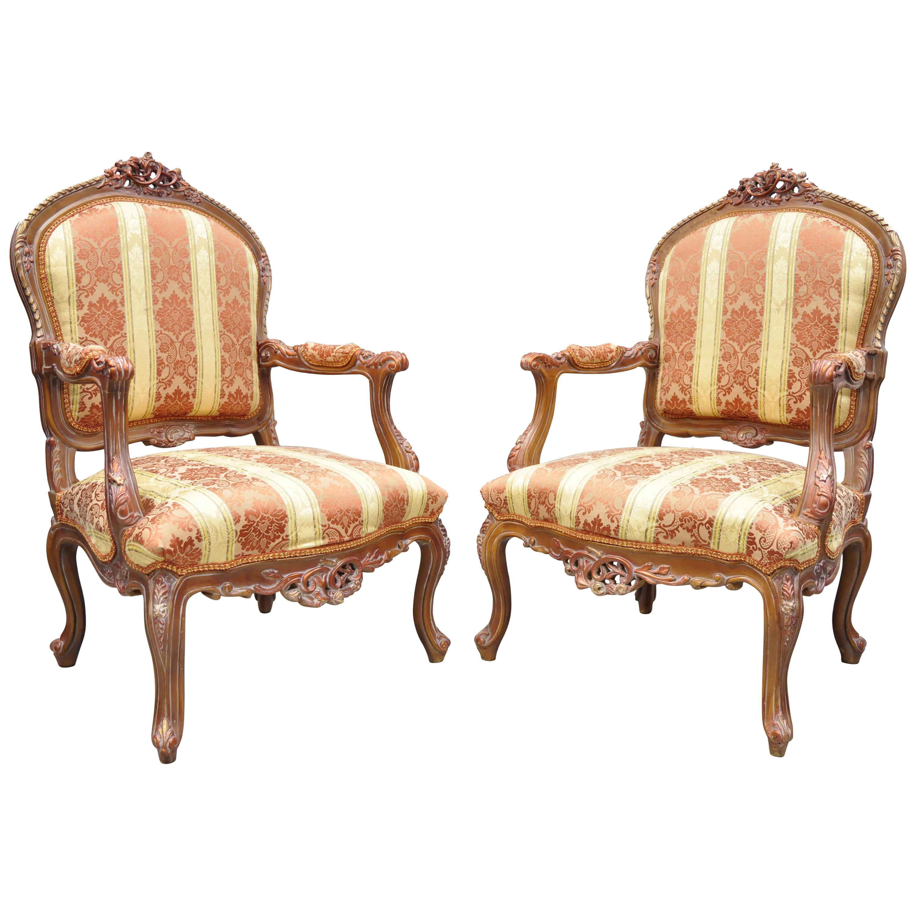Pair of French Louis XV Style Repro Pink and Gold Bergere Lounge Armchairs