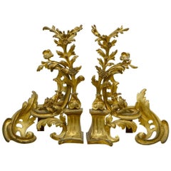 Antique Pair of French Louis XV Style Richly Modeled Gilt Bronze Chenets