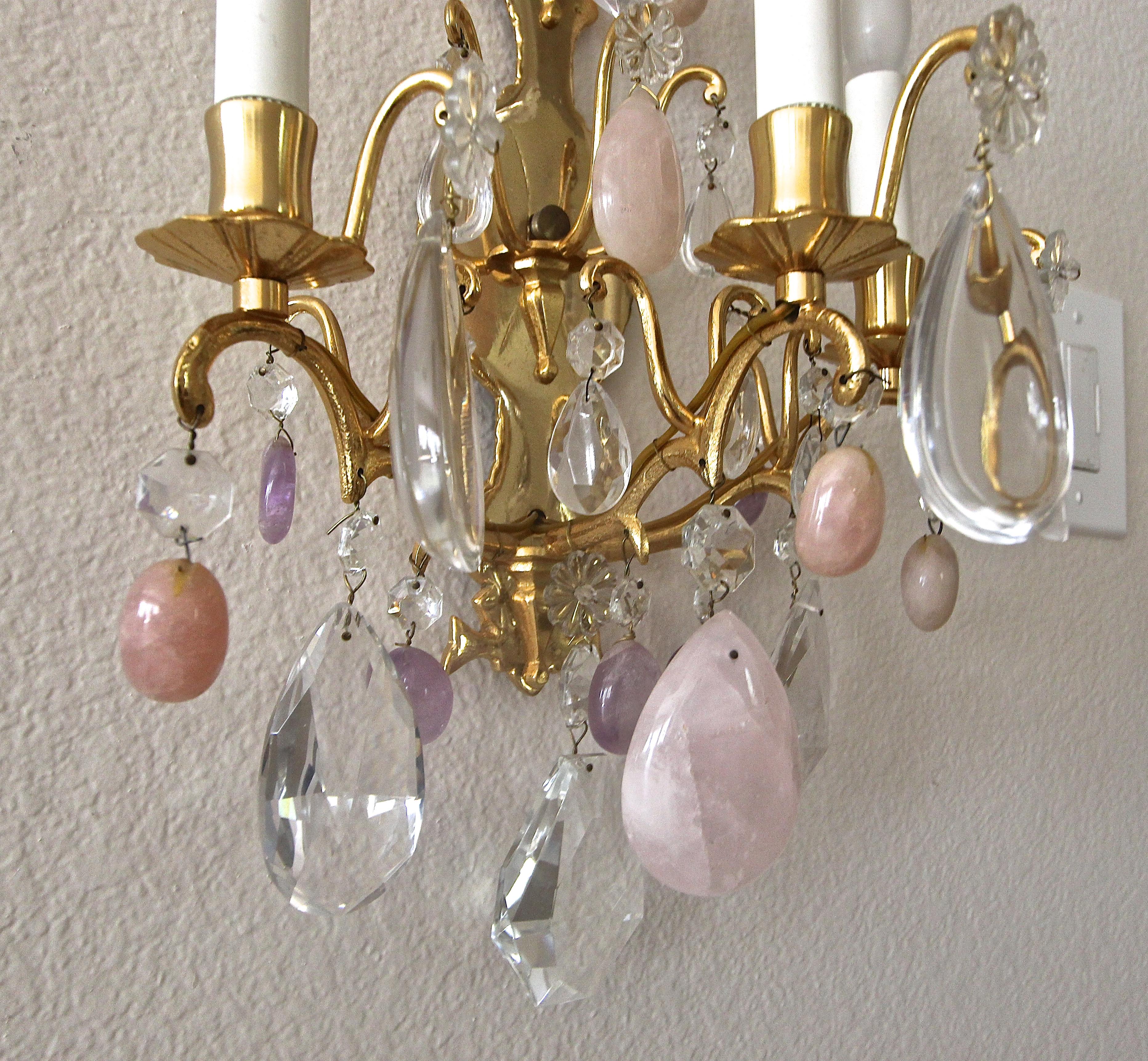 Pair of French Louis XV Style Rock Crystal and Brass Wall Light Sconces 6