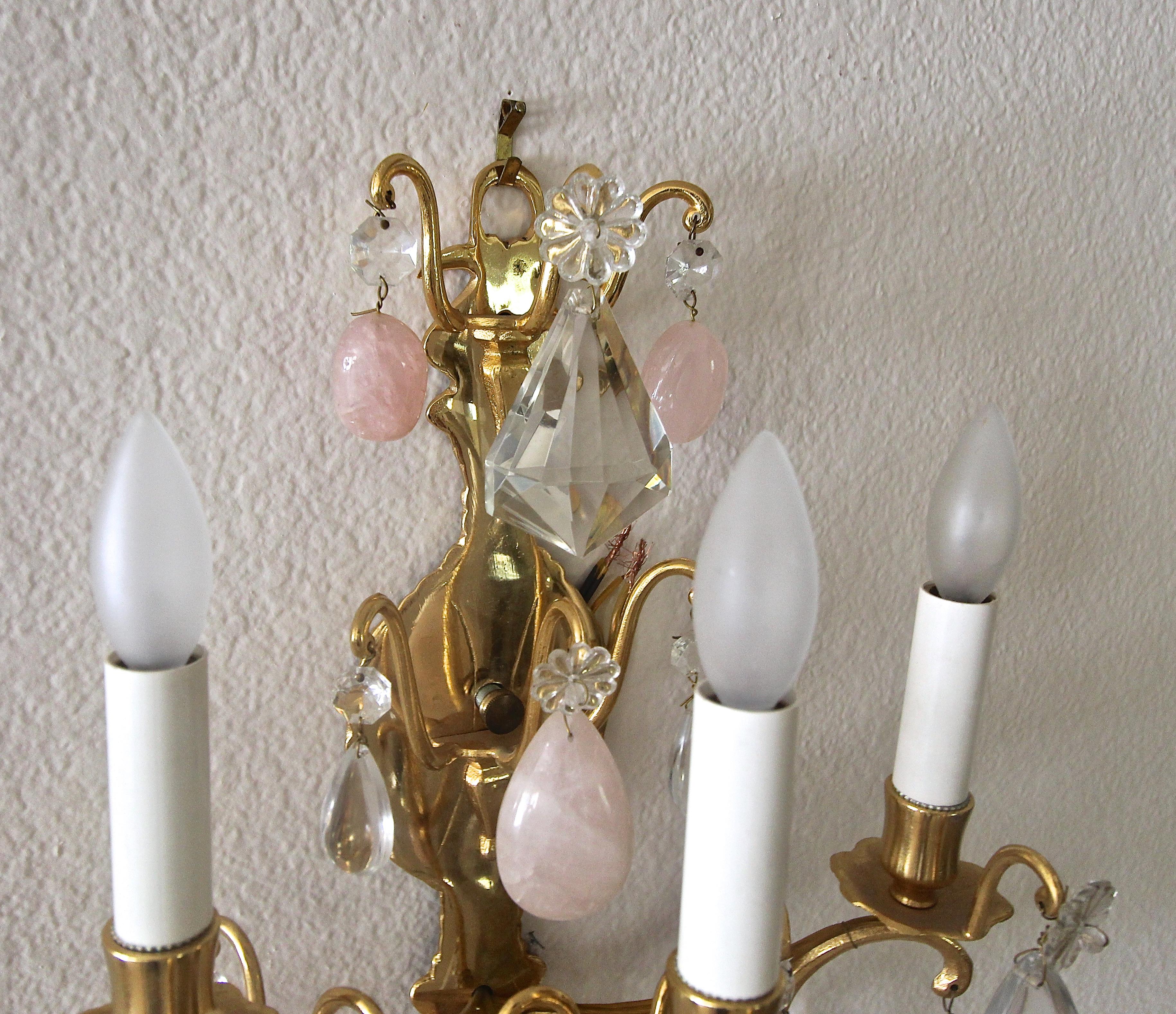 Pair of French Louis XV Style Rock Crystal and Brass Wall Light Sconces 8
