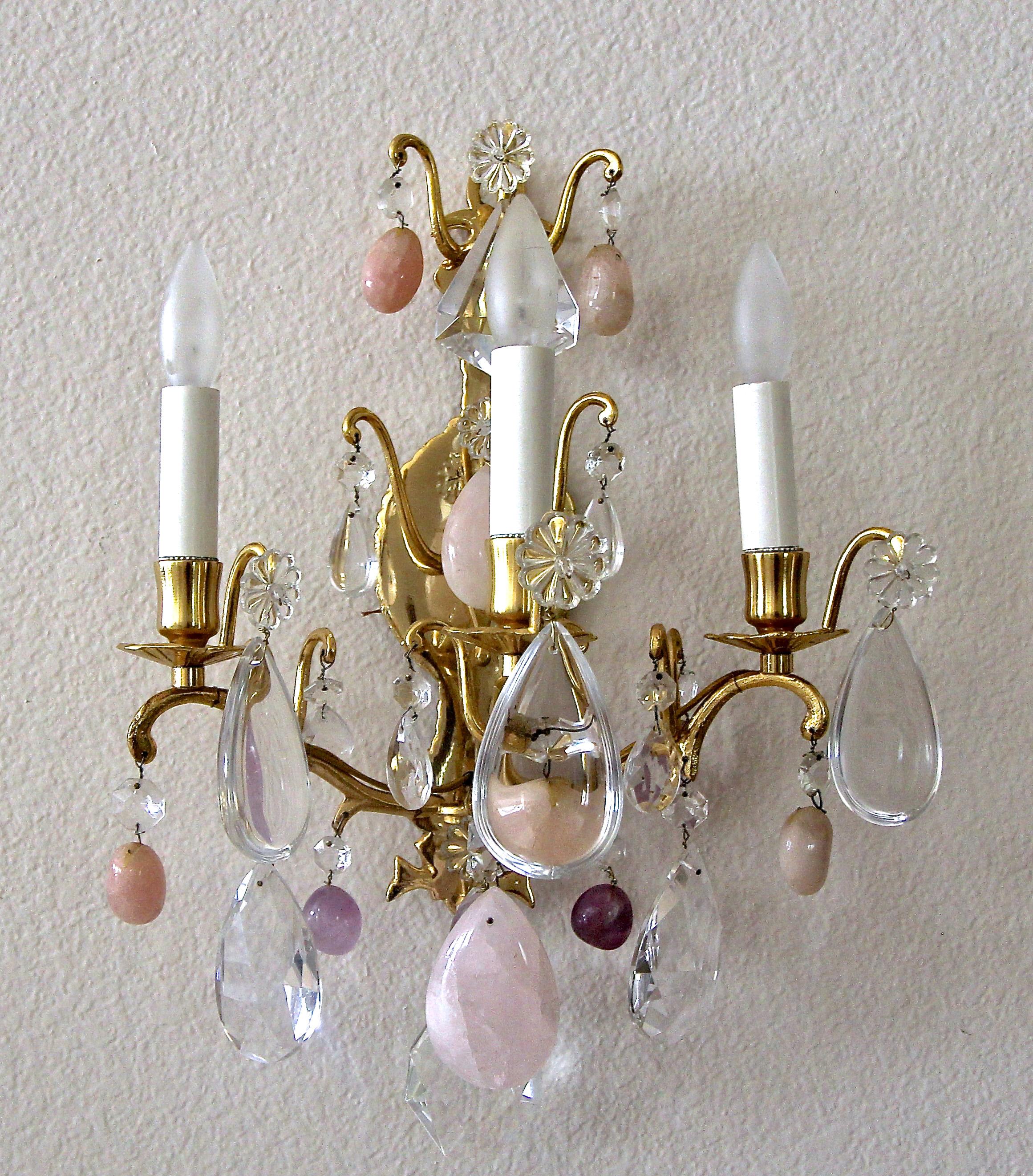 Pair of French Louis XV Style Rock Crystal and Brass Wall Light Sconces 10