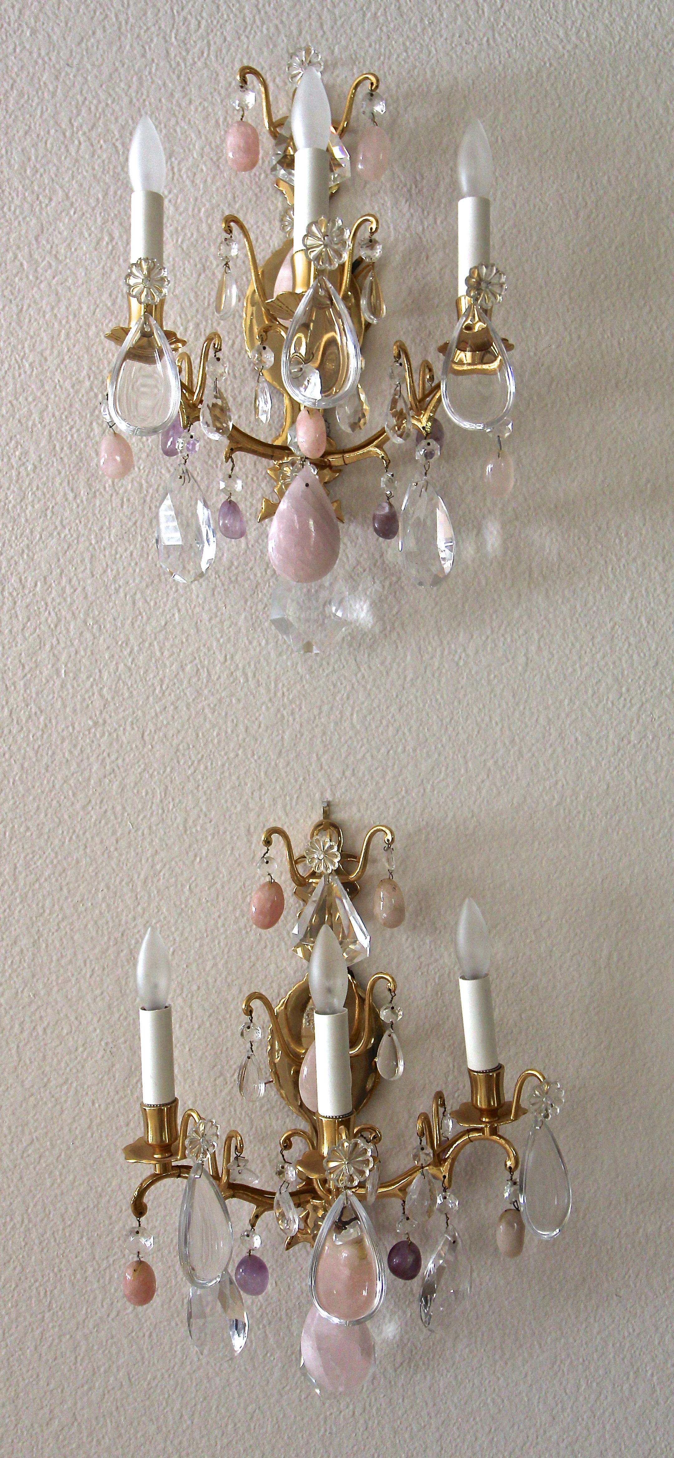Pair of French Louis XV Style Rock Crystal and Brass Wall Light Sconces 11