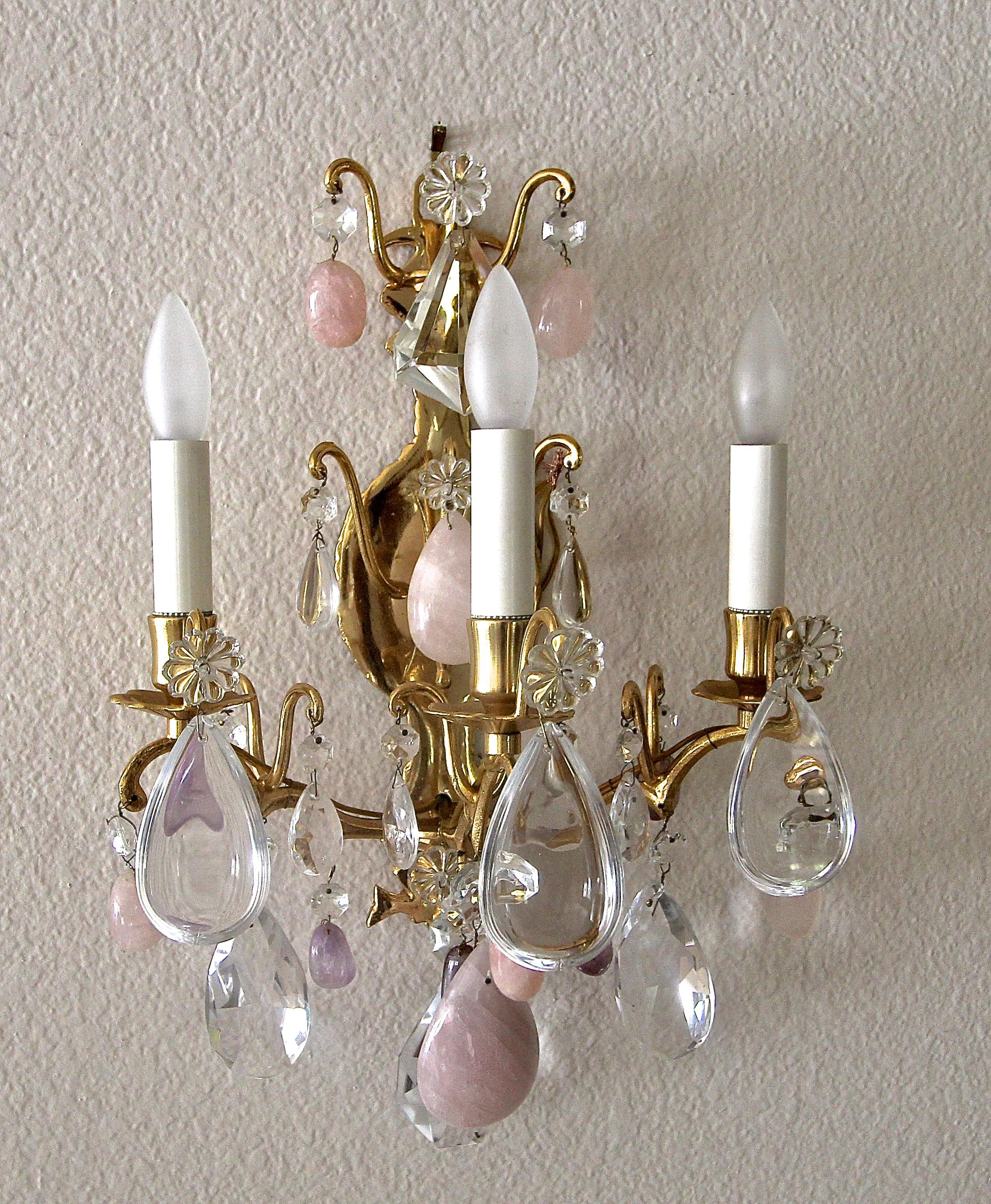 Mid-20th Century Pair of French Louis XV Style Rock Crystal and Brass Wall Light Sconces