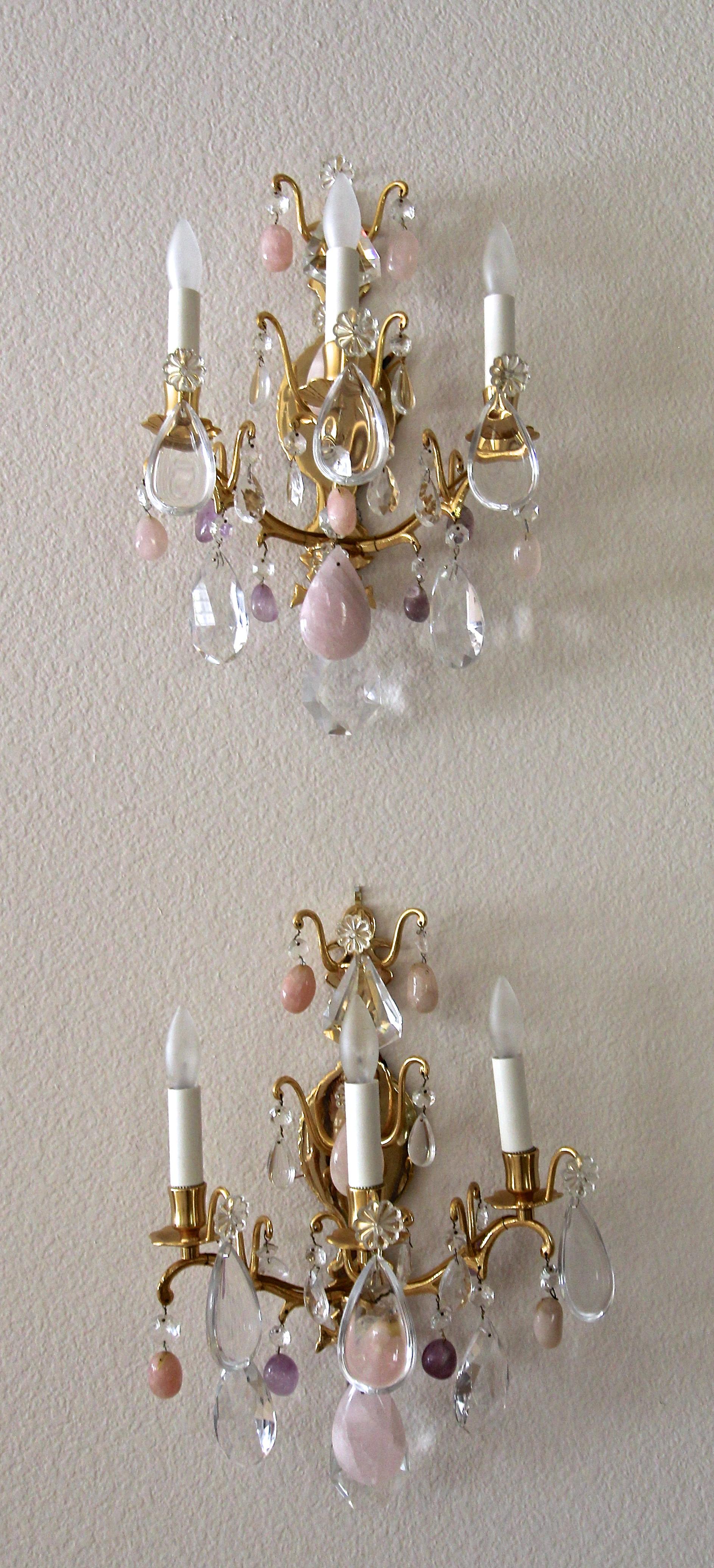 Pair of French Louis XV Style Rock Crystal and Brass Wall Light Sconces 1