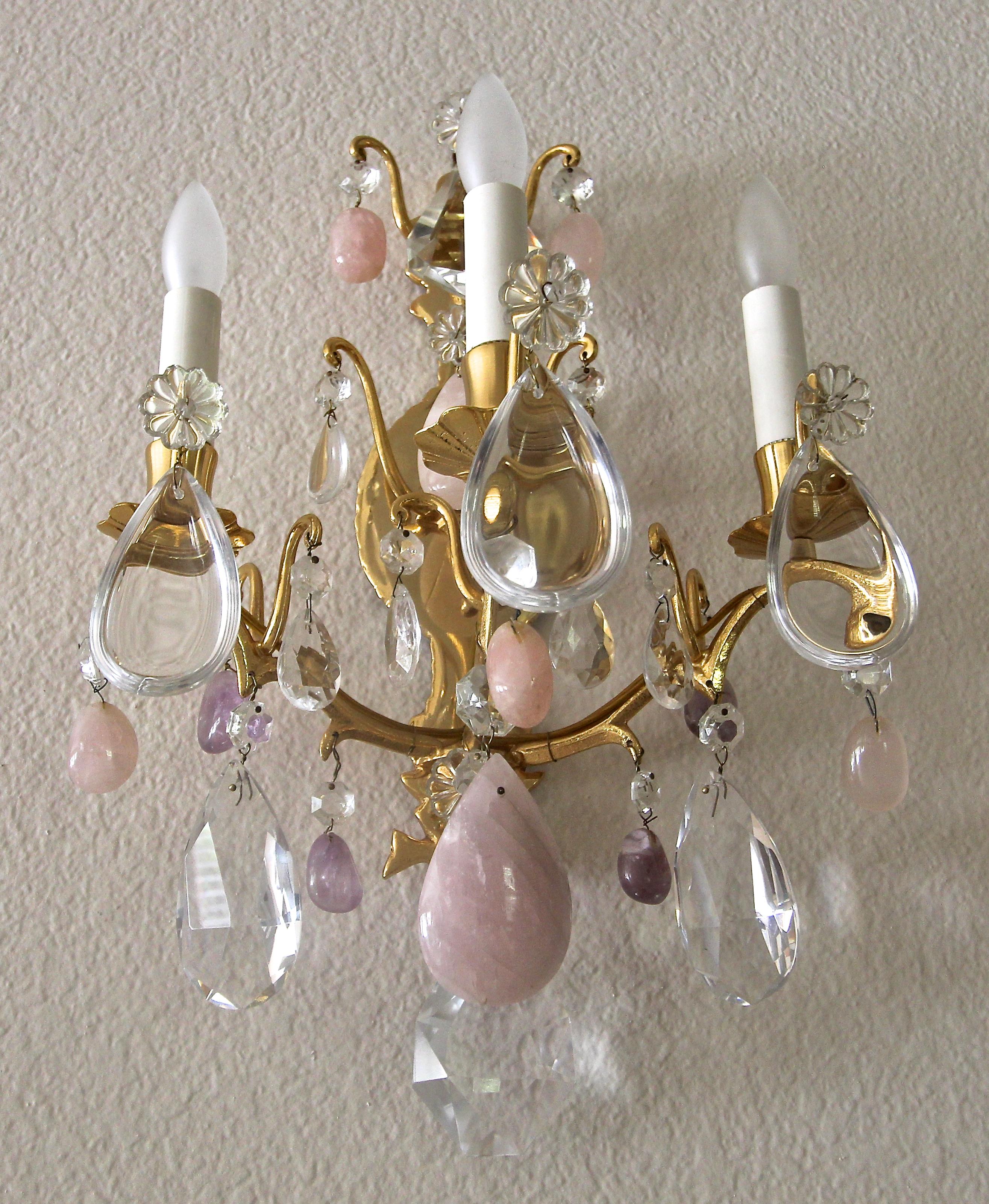 Pair of French Louis XV Style Rock Crystal and Brass Wall Light Sconces 2
