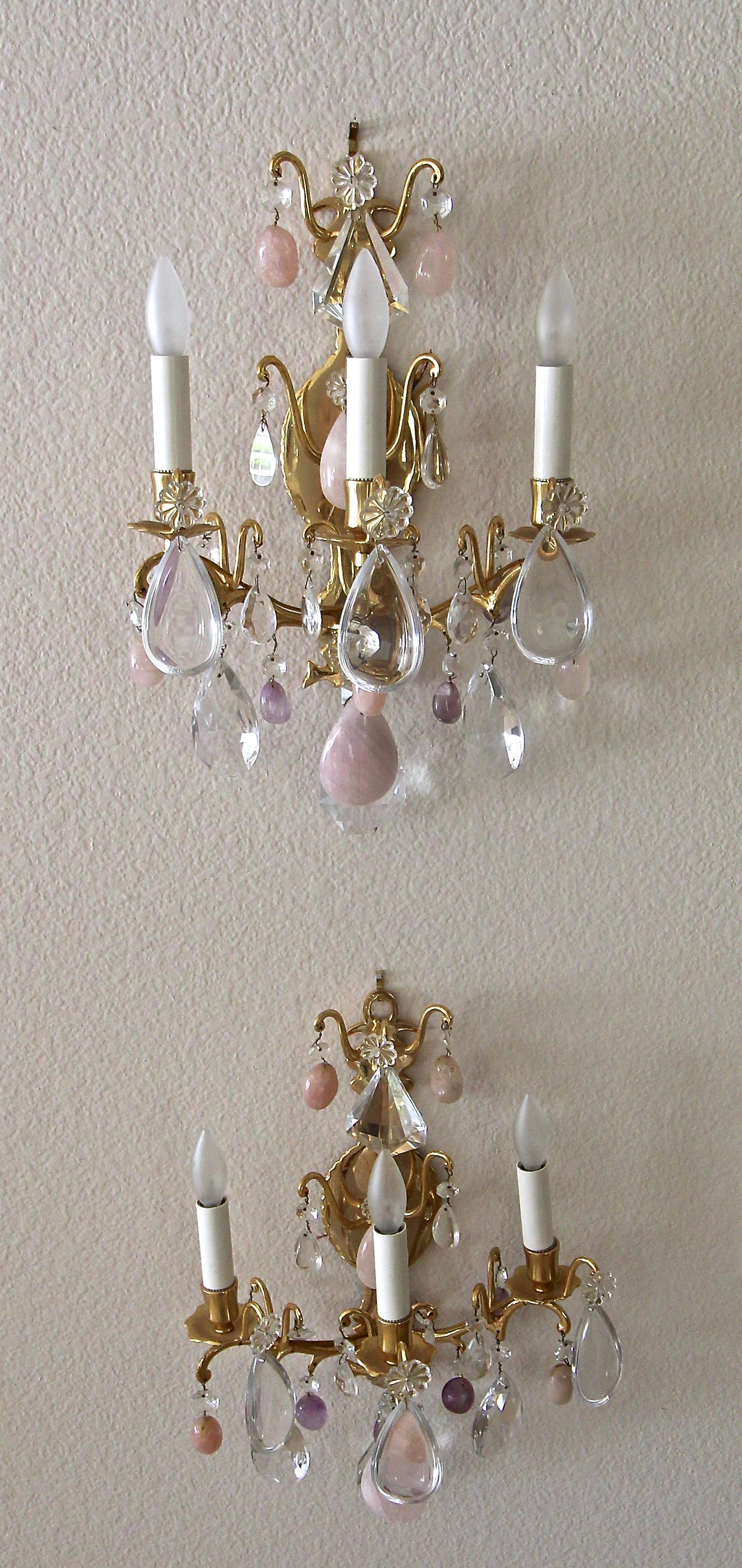 Pair of French Louis XV Style Rock Crystal and Brass Wall Light Sconces 3