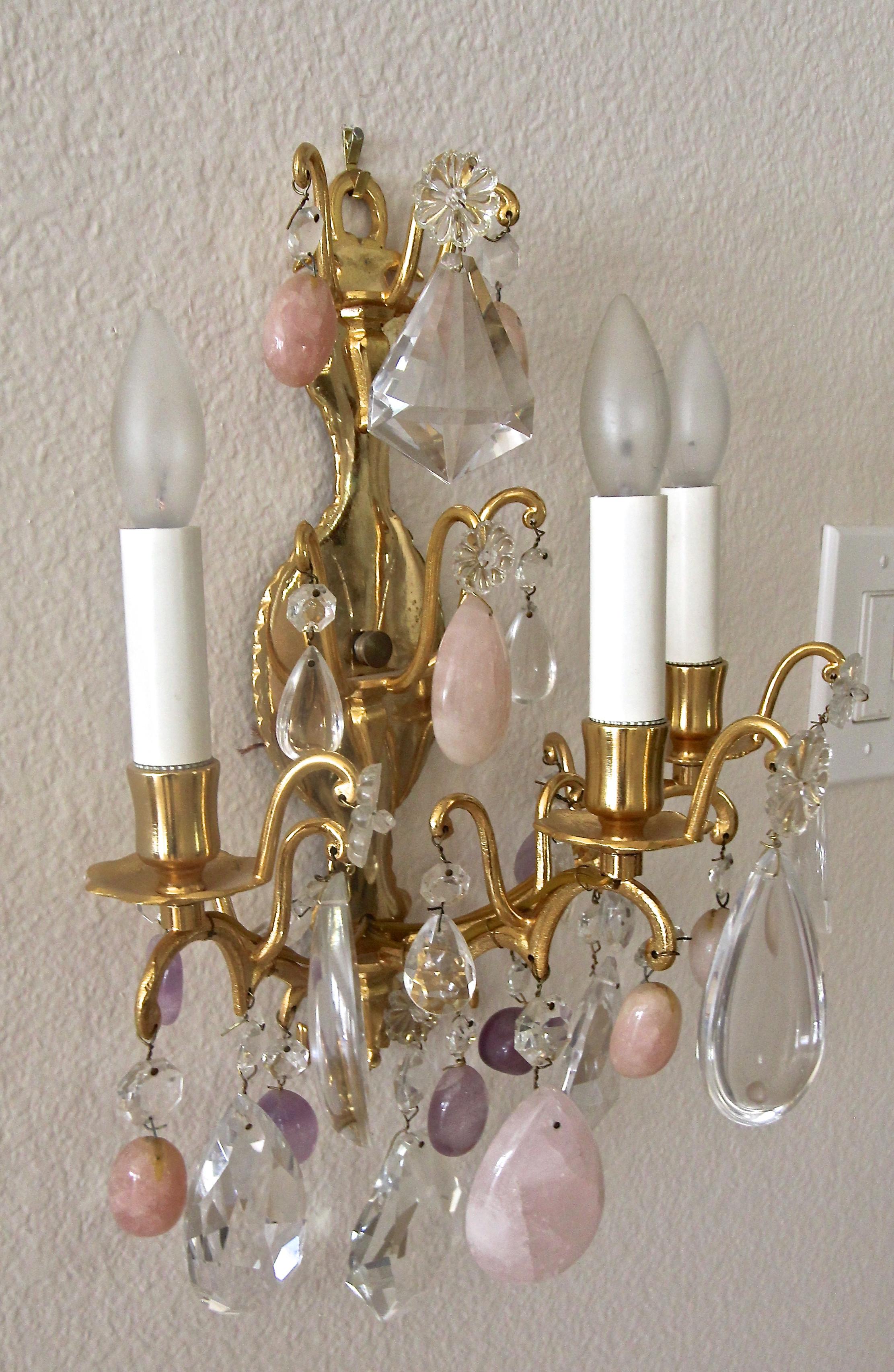 Pair of French Louis XV Style Rock Crystal and Brass Wall Light Sconces 4