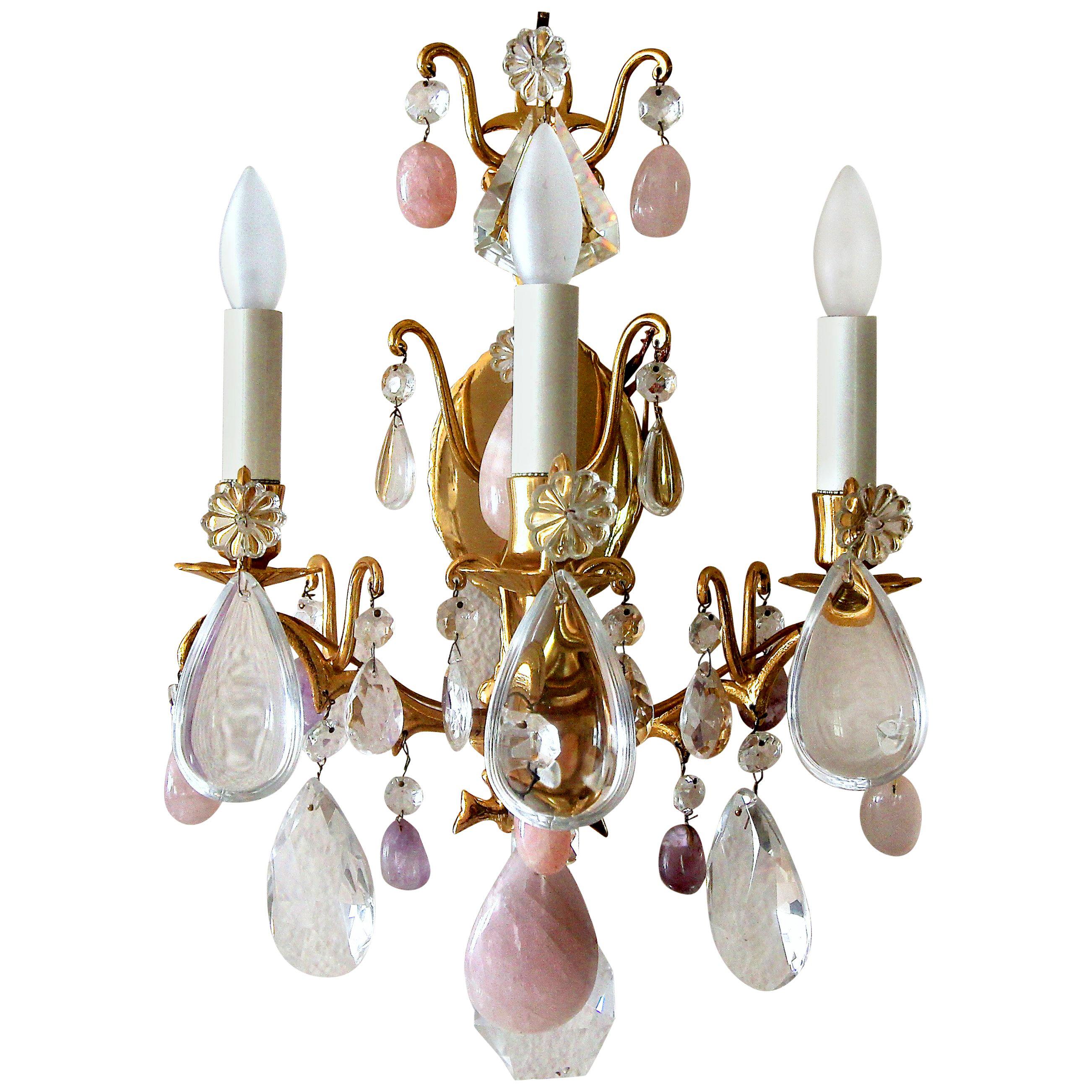 Pair of French Louis XV Style Rock Crystal and Brass Wall Light Sconces