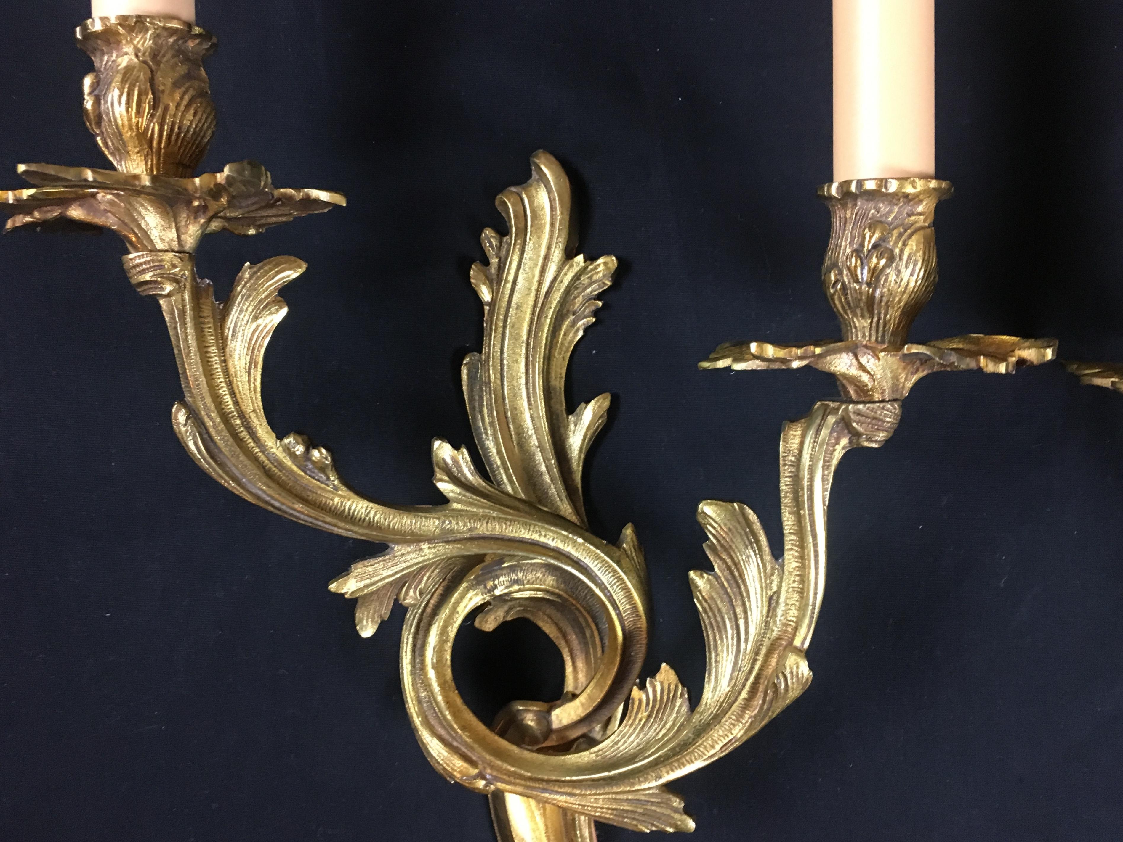 20th Century Pair of French Louis XV Style Rococo Gilt Bronze Two-Armed Sconces