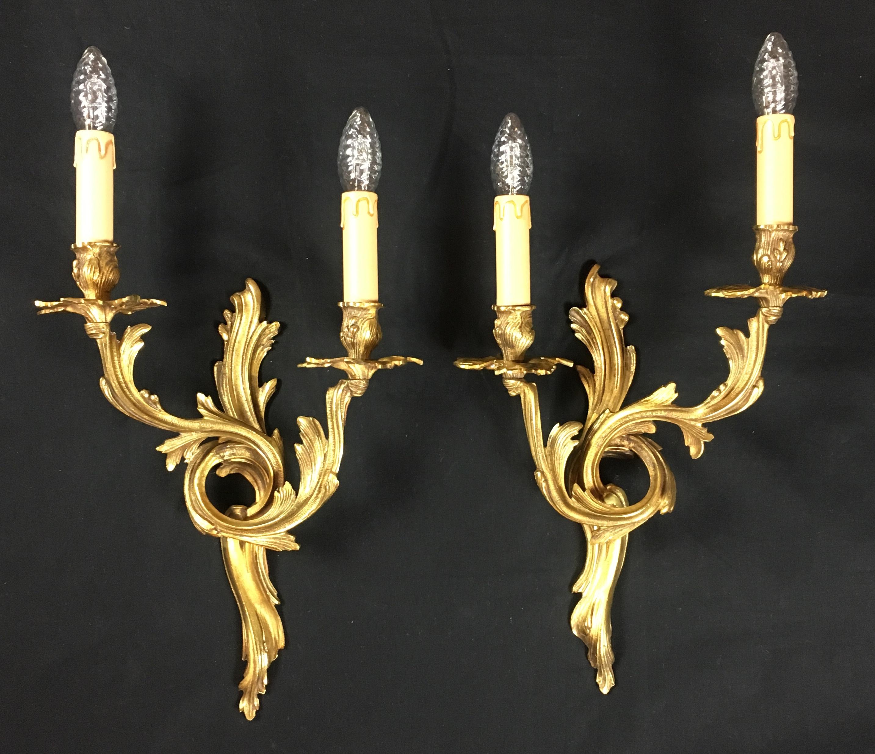 Pair of French Louis XV Style Rococo Gilt Bronze Two-Armed Sconces 2