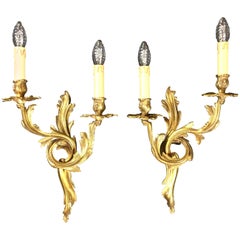 Pair of French Louis XV Style Rococo Gilt Bronze Two-Armed Sconces Pair of French Louis XV Style Rococo Gilt Bronze Two-Armed Sconces