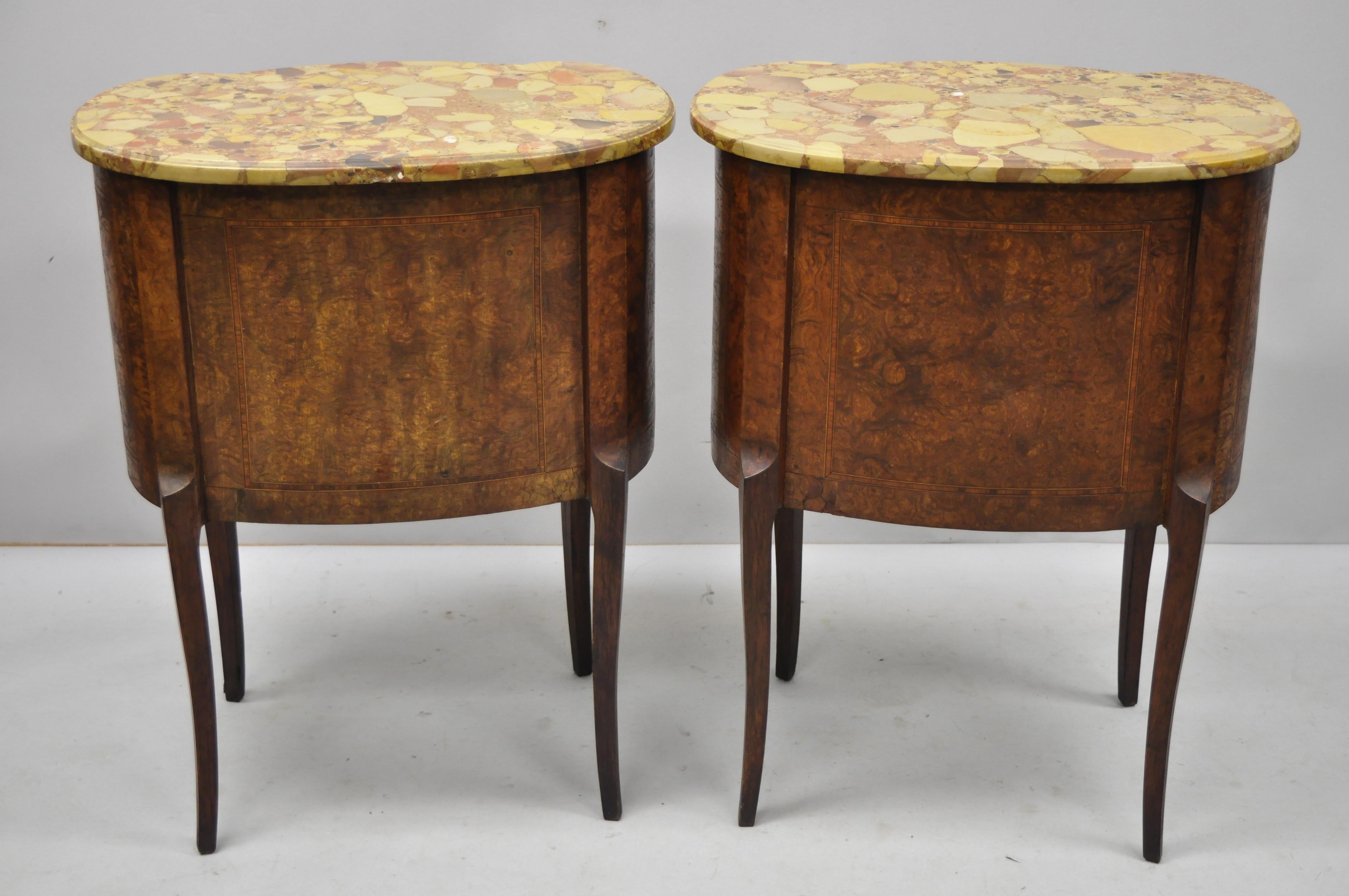 Pair of French Louis XV Style Rogue Marble-Top Burl Wood Bombe Nightstands 6
