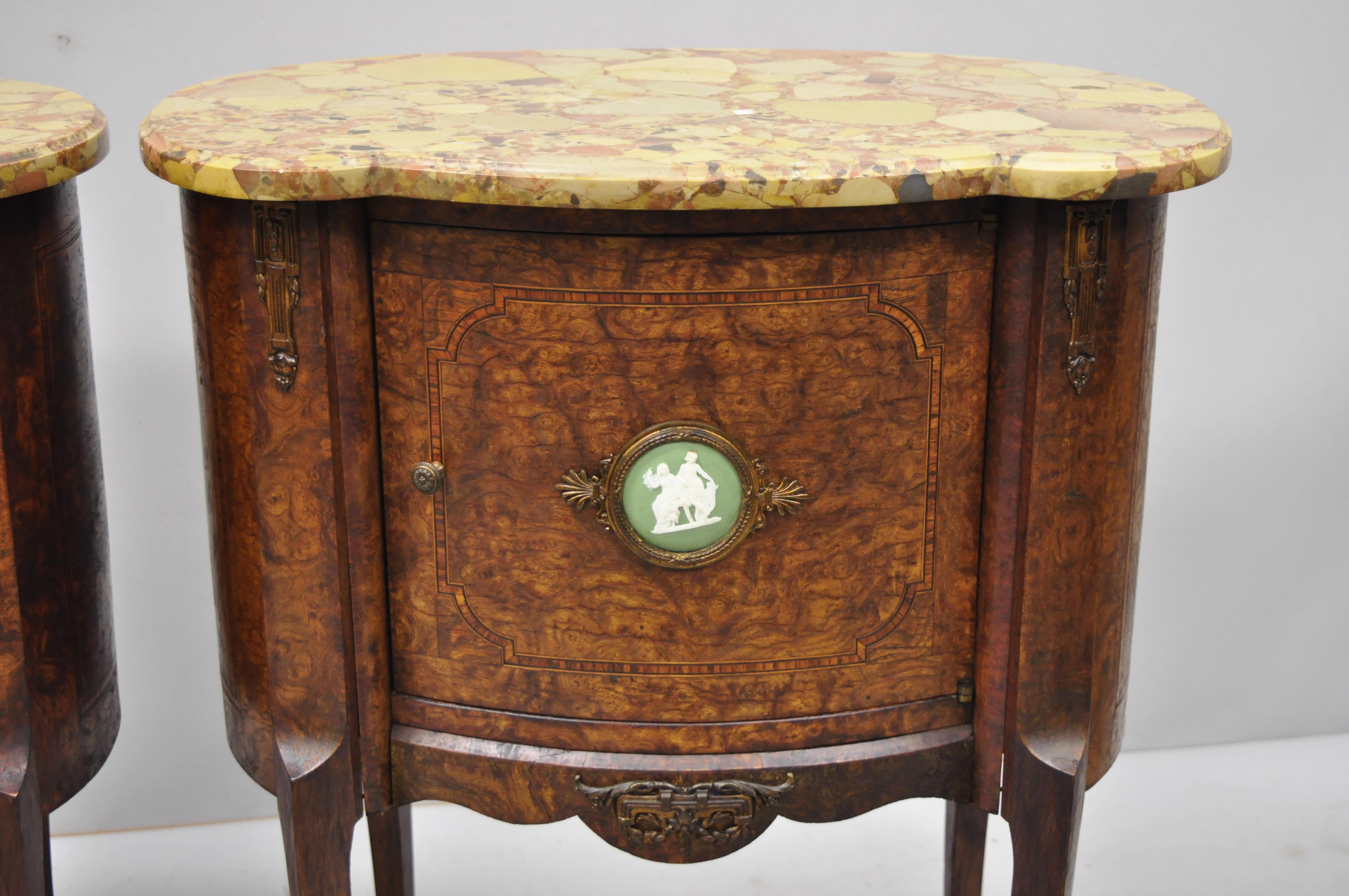 Pair of French Louis XV Style Rogue Marble-Top Burl Wood Bombe Nightstands In Good Condition In Philadelphia, PA