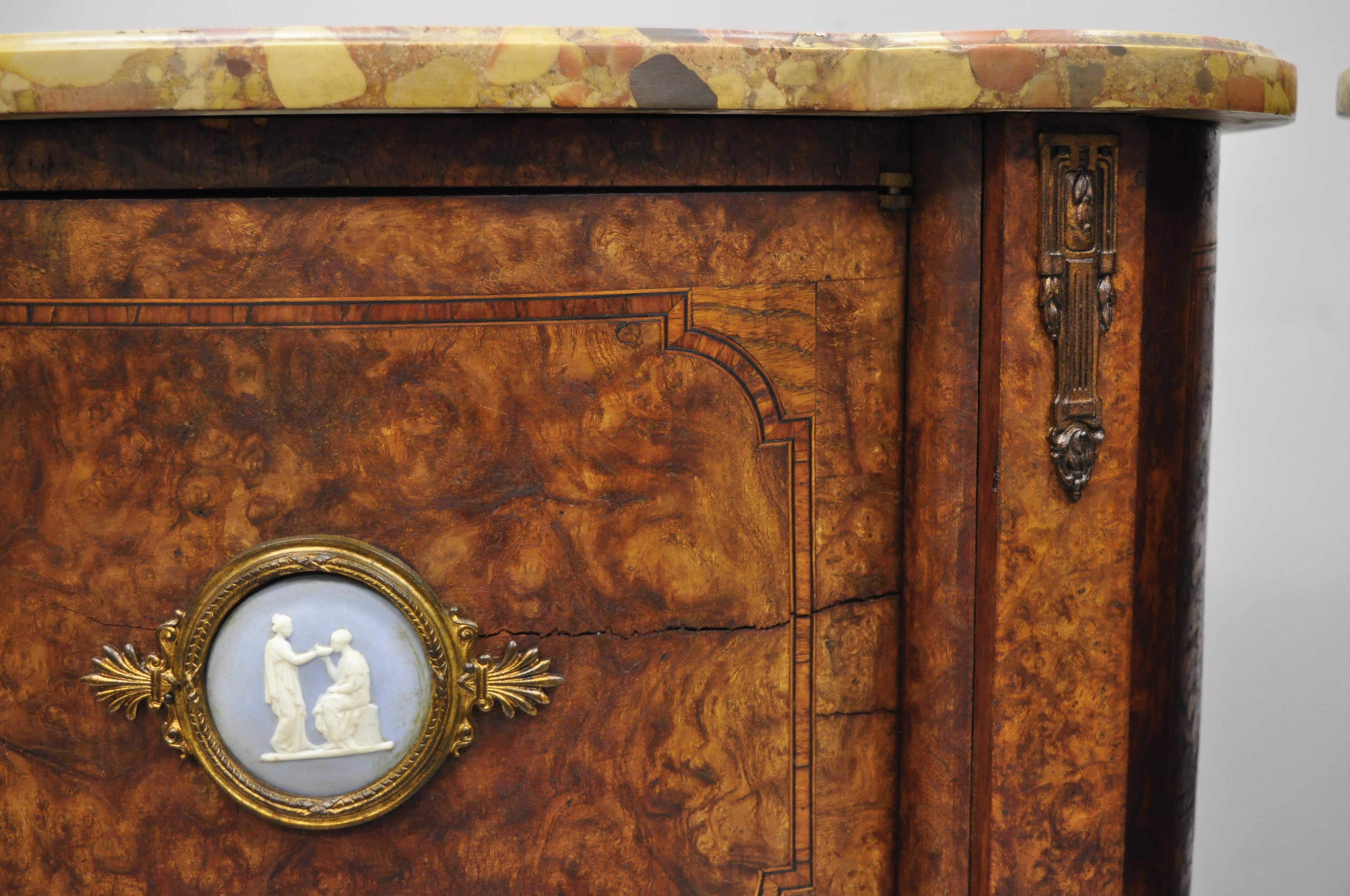 20th Century Pair of French Louis XV Style Rogue Marble-Top Burl Wood Bombe Nightstands