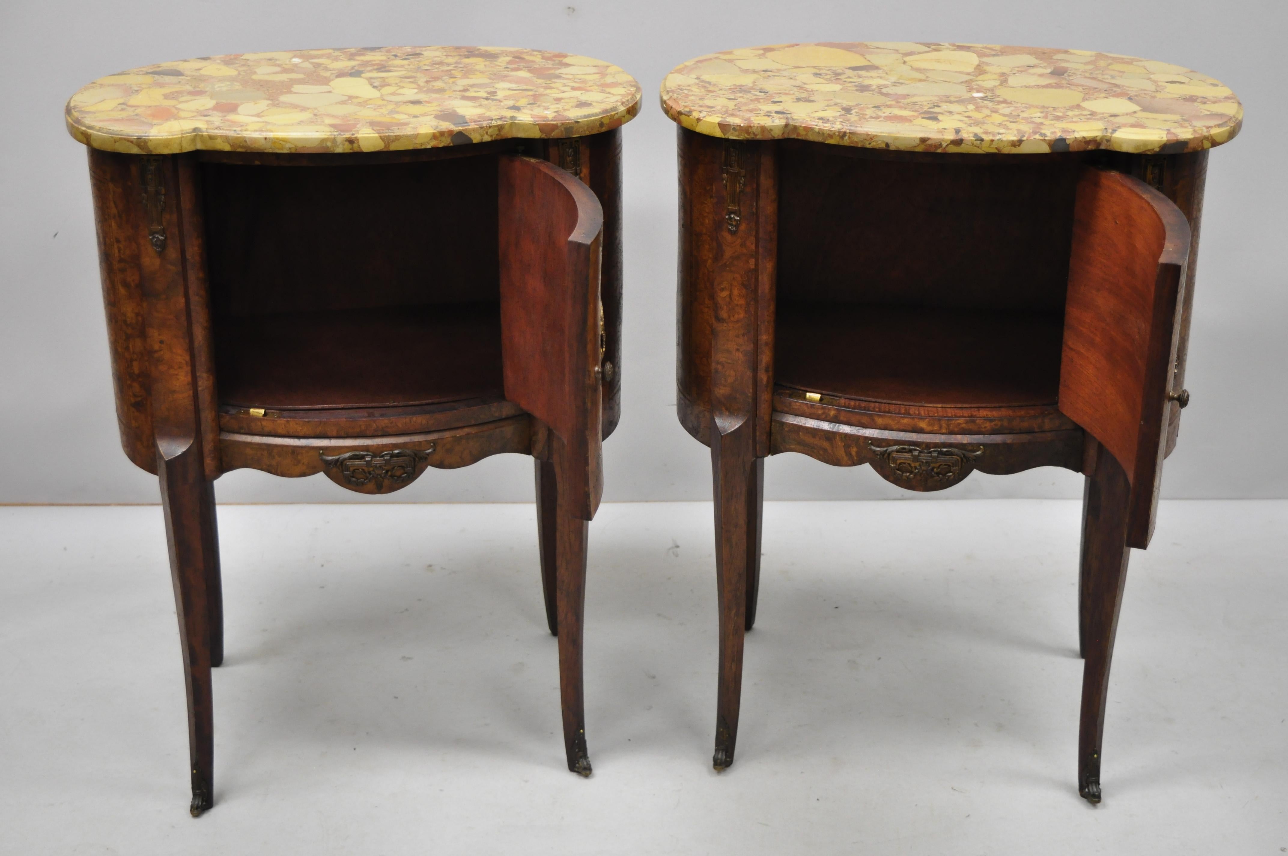 Pair of French Louis XV Style Rogue Marble-Top Burl Wood Bombe Nightstands 1