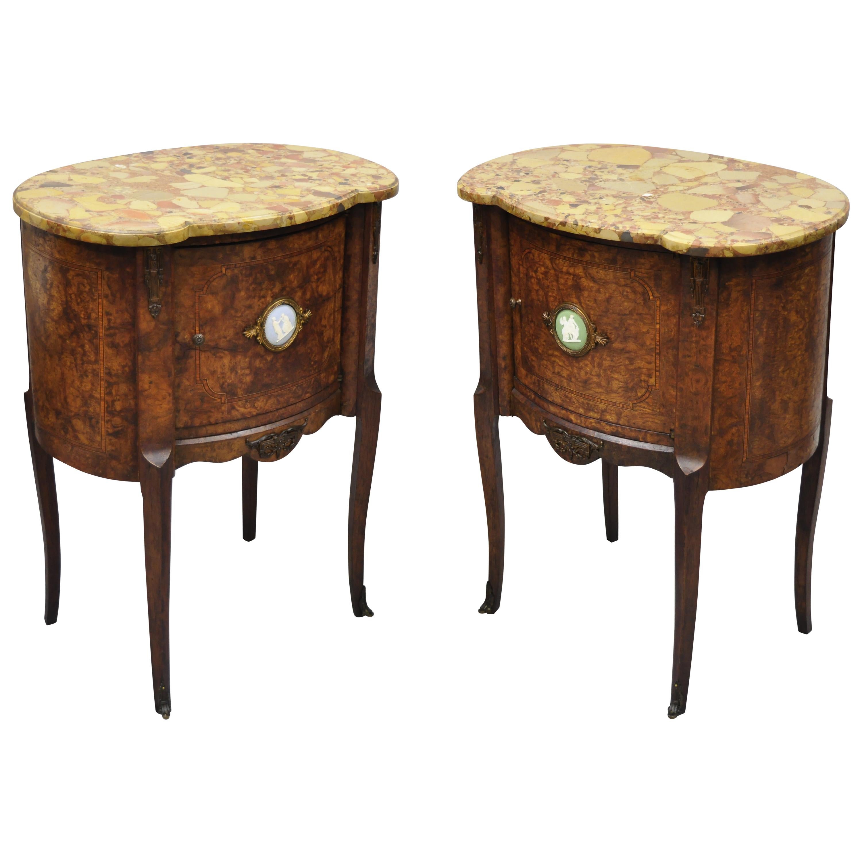 Pair of French Louis XV Style Rogue Marble-Top Burl Wood Bombe Nightstands