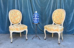 Pair of French Louis XV Style Side Chairs in Yellow Fabric