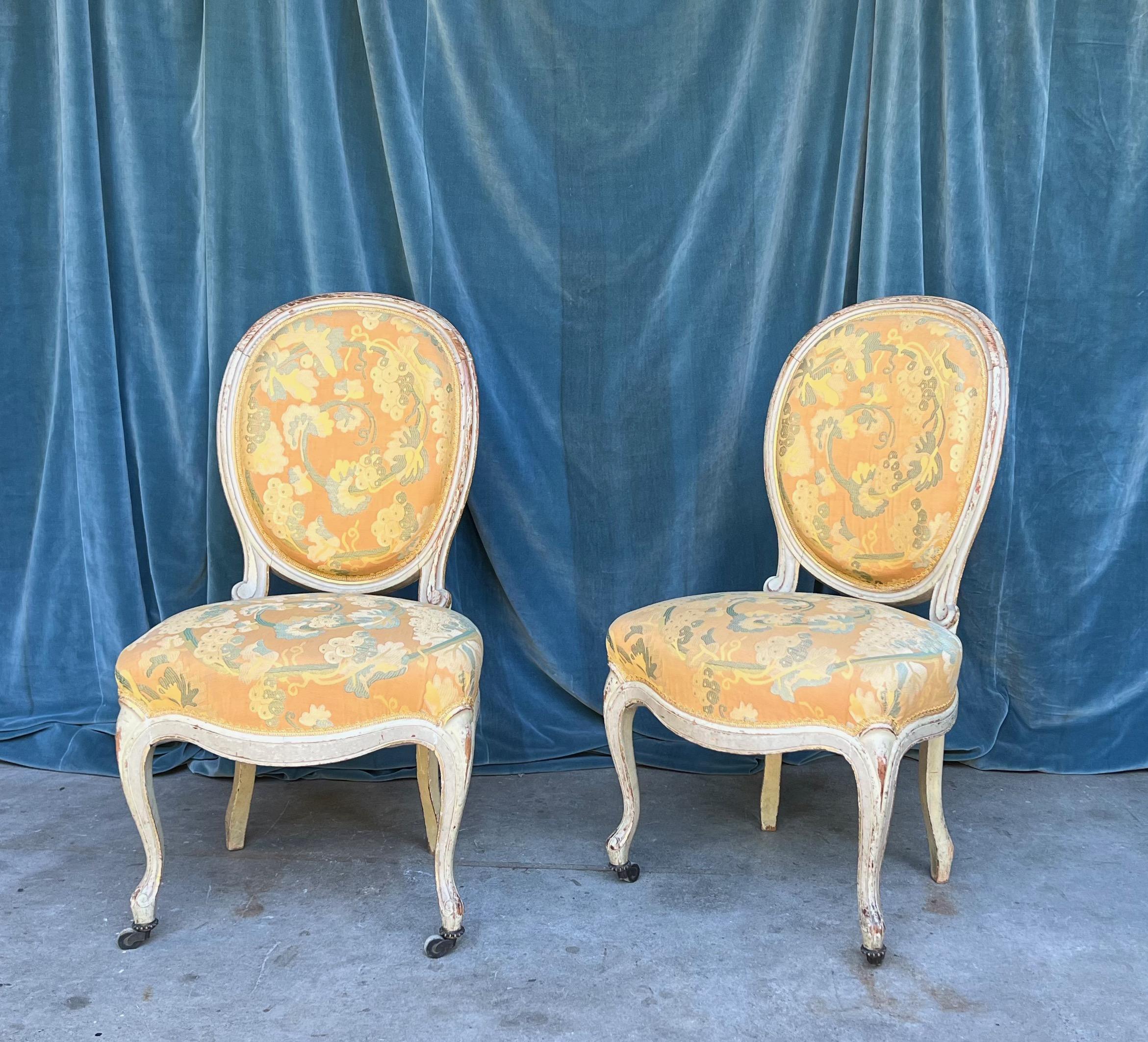 Patinated Pair of French Louis XV Style Side Chairs in Yellow Fabric For Sale