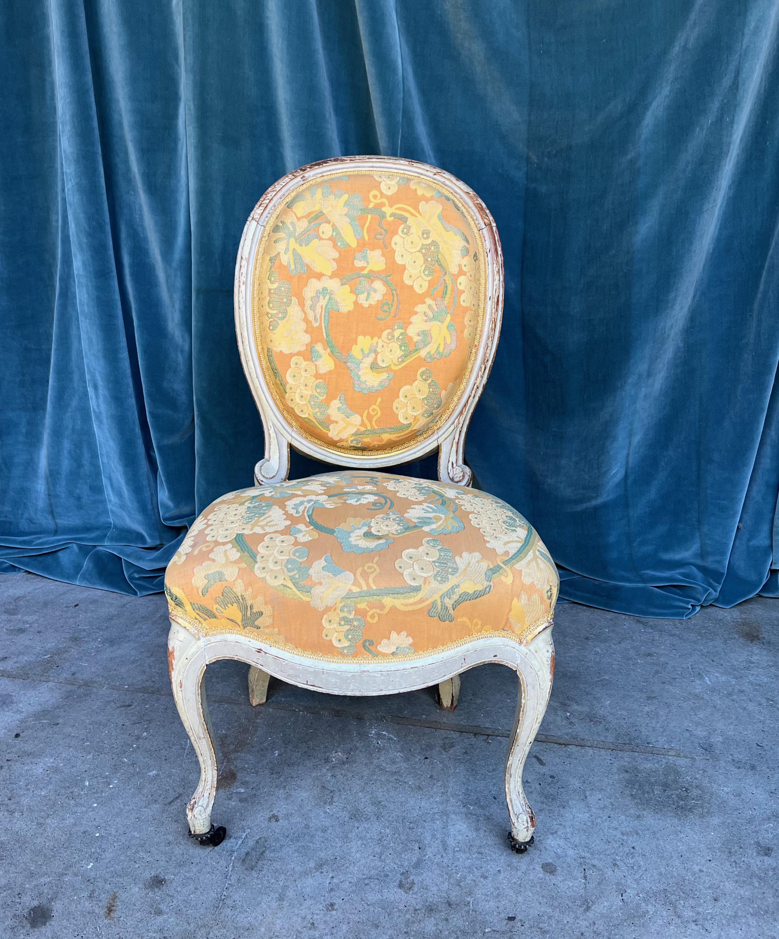 Wood Pair of French Louis XV Style Side Chairs in Yellow Fabric For Sale