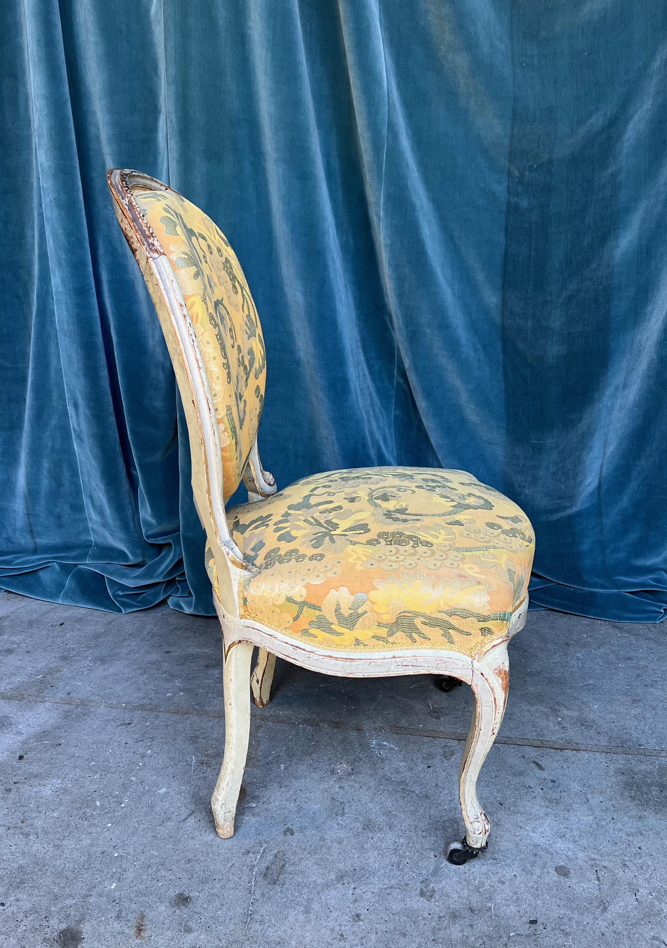 Pair of French Louis XV Style Side Chairs in Yellow Fabric For Sale 1