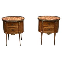 Pair of French Louis XV Style Side / End Tables, Nightstands, Marquetry, Marble