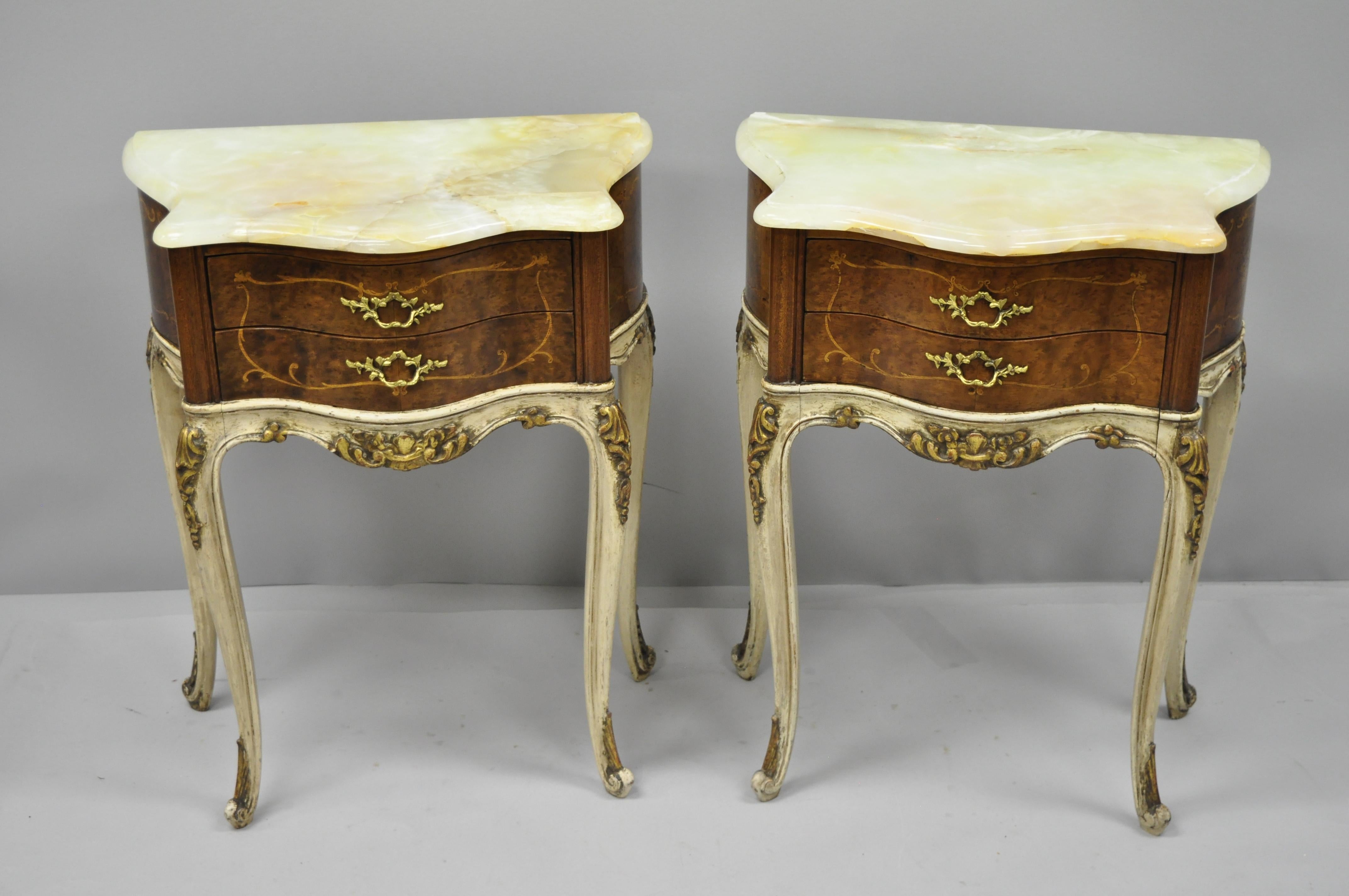 Pair of French Louis XV Style Small Petite Onyx Top Inlaid Bombe Nightstands 5