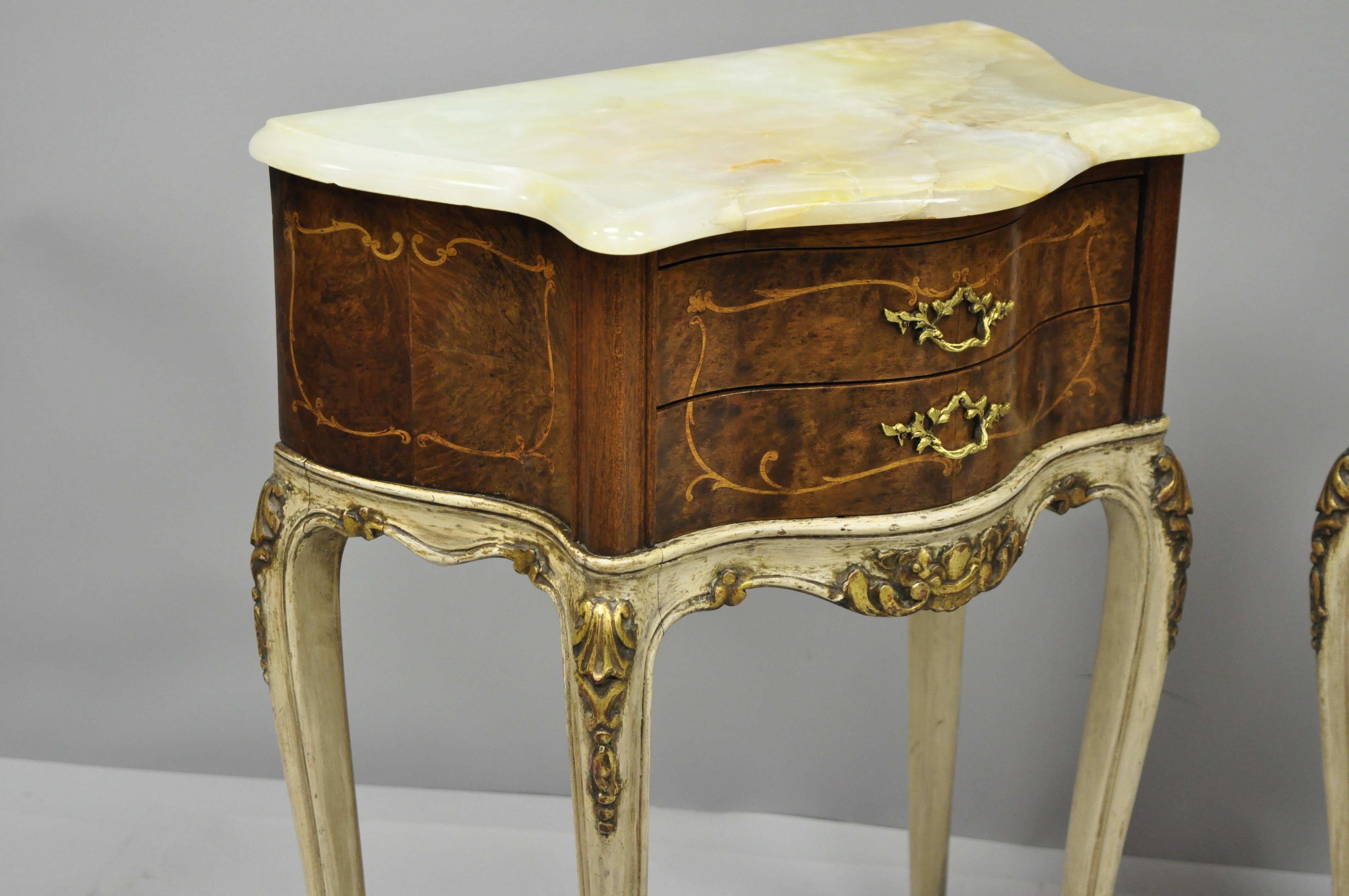 20th Century Pair of French Louis XV Style Small Petite Onyx Top Inlaid Bombe Nightstands