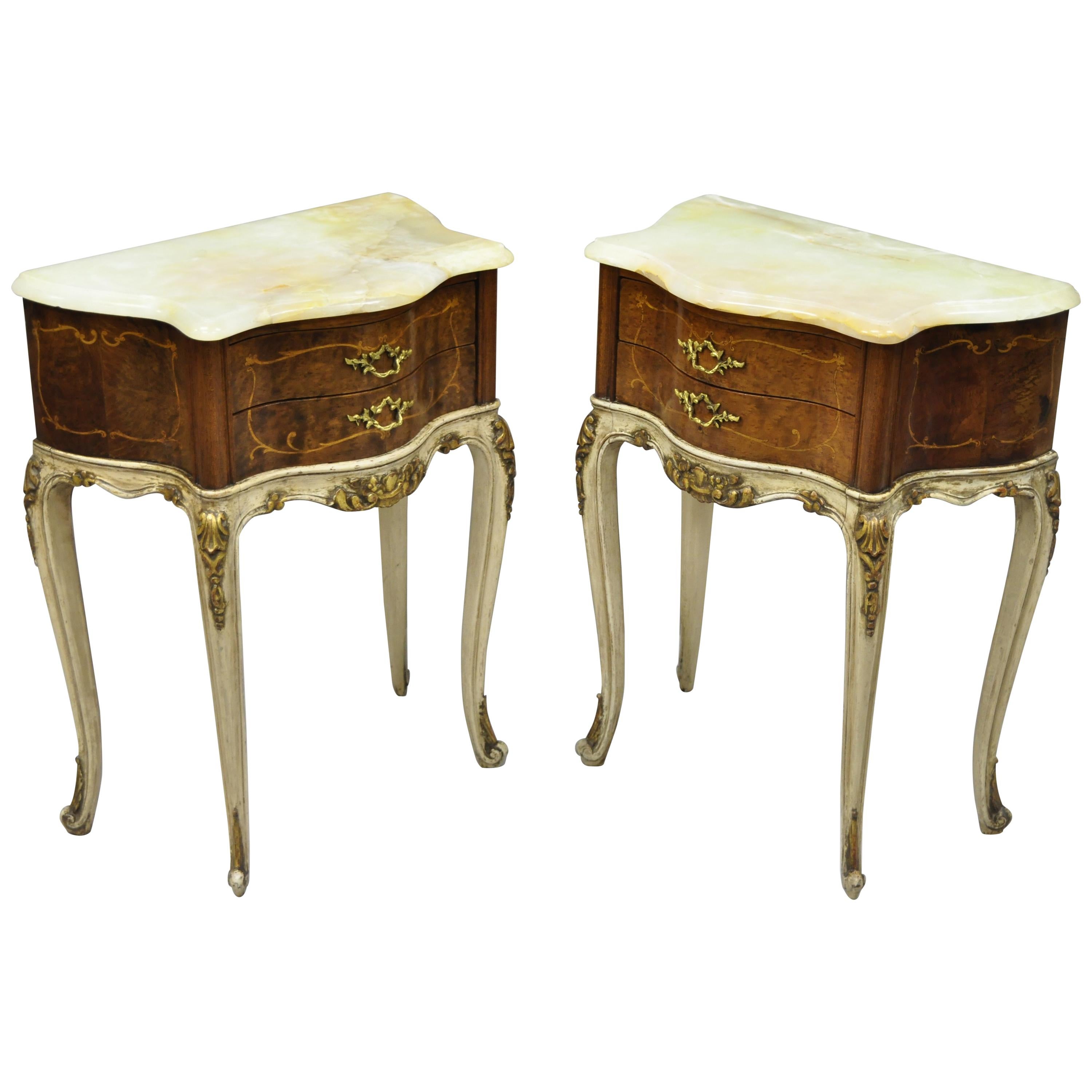 Pair of French Louis XV Style Small Petite Onyx Top Inlaid Bombe Nightstands