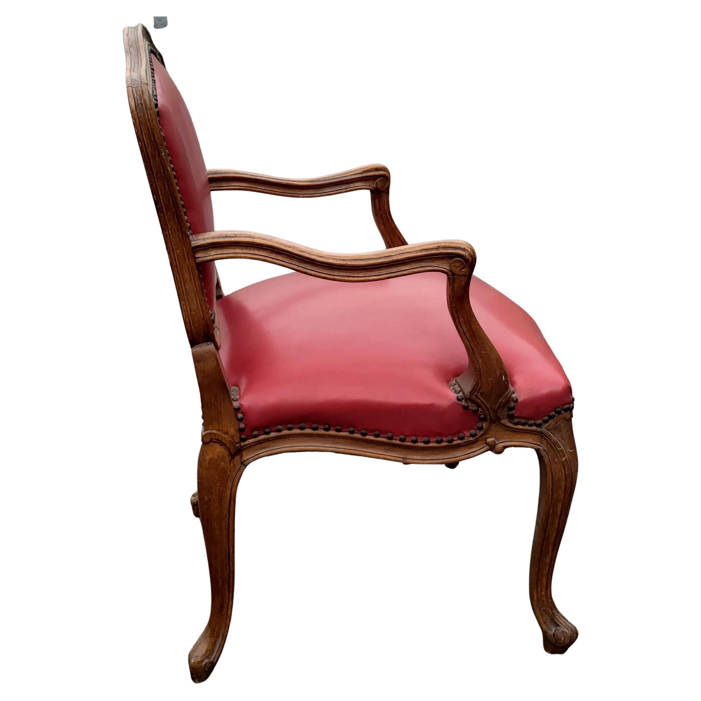 Hand-Crafted Pair of French Louis XV Style Tiger Oak and Red Leather Upholstered Fauteuils For Sale