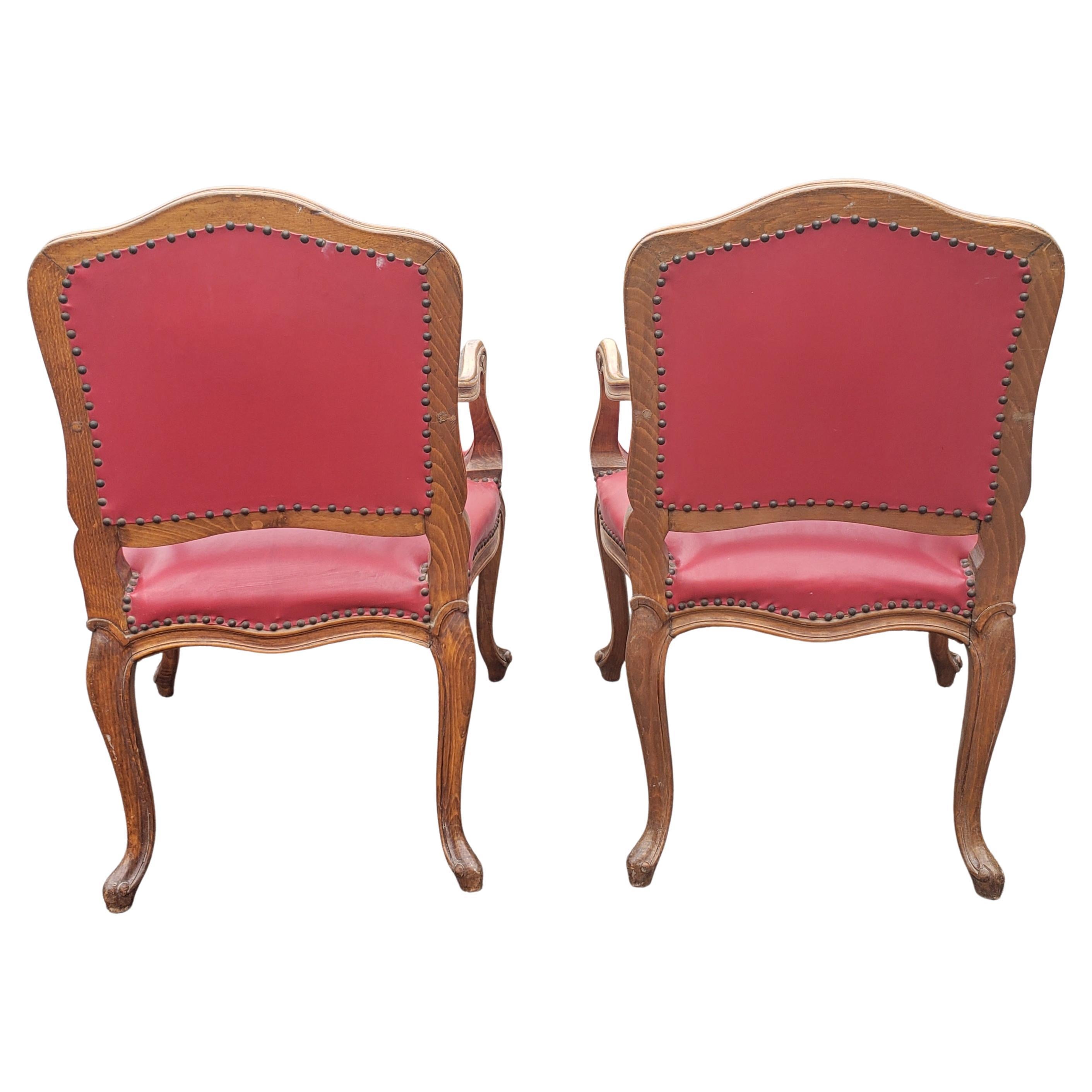 20th Century Pair of French Louis XV Style Tiger Oak and Red Leather Upholstered Fauteuils For Sale
