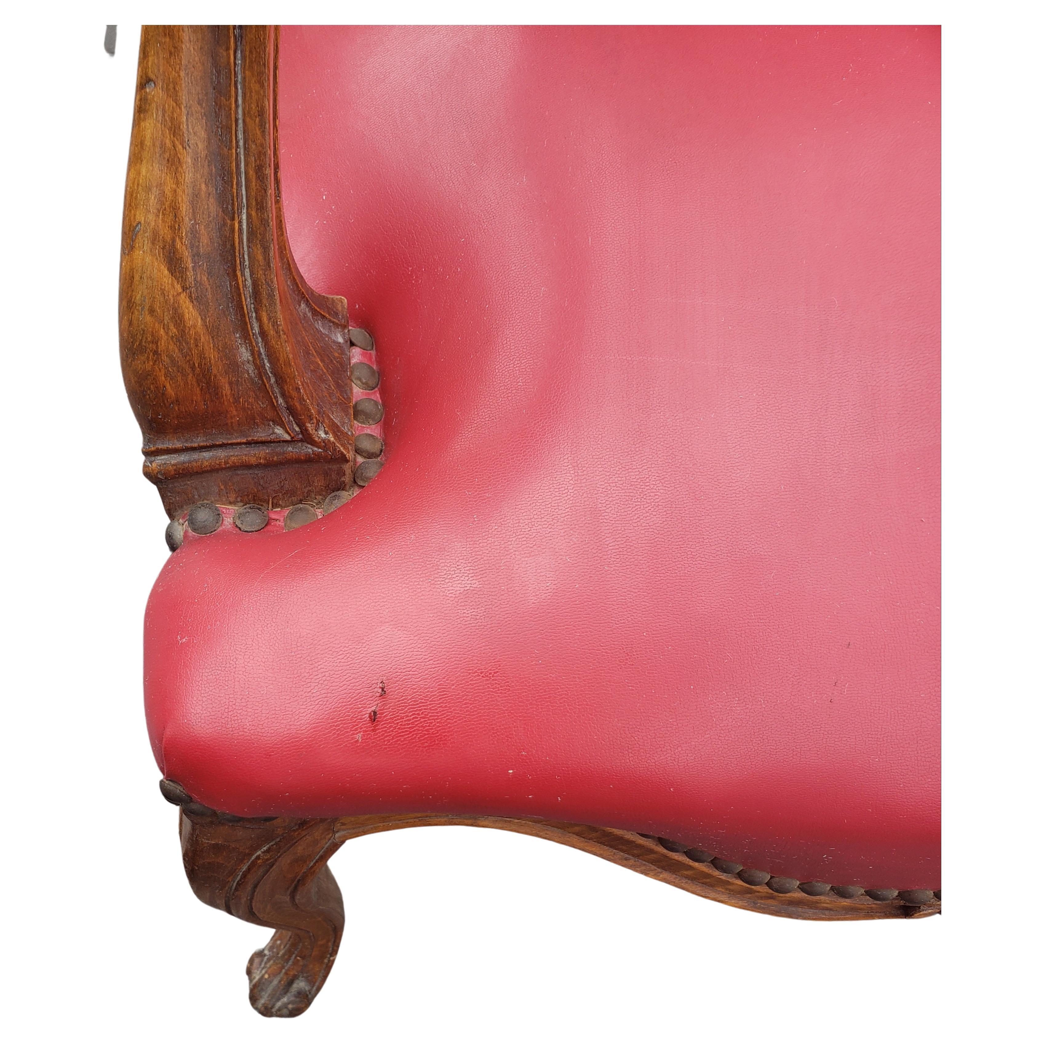 Faux Leather Pair of French Louis XV Style Tiger Oak and Red Leather Upholstered Fauteuils For Sale
