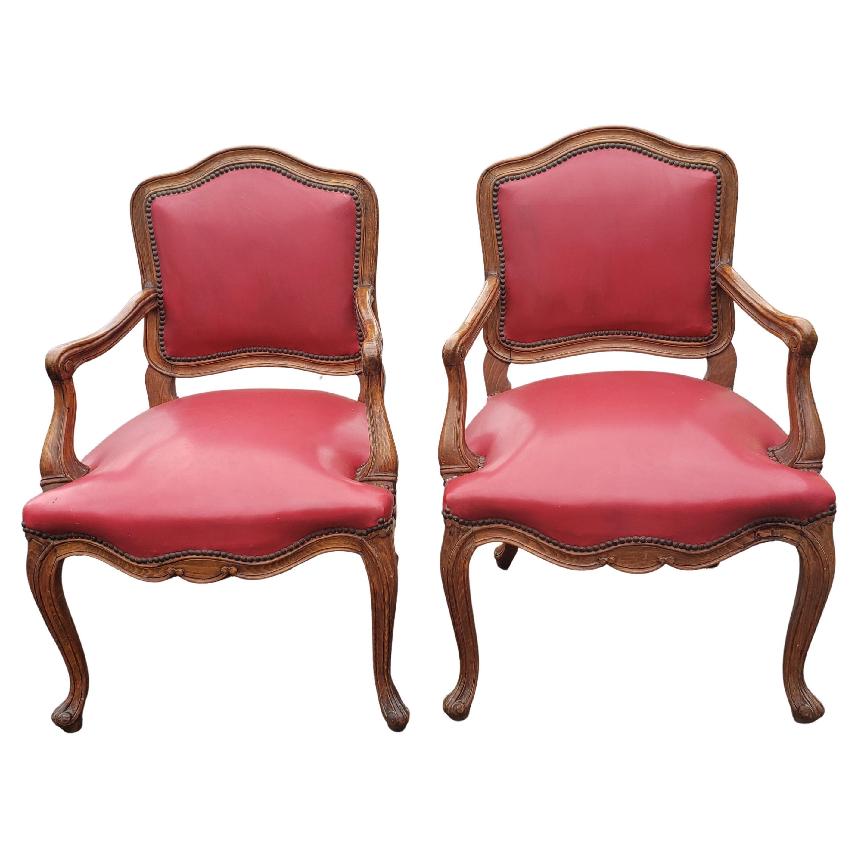 Pair of French Louis XV Style Tiger Oak and Red Leather Upholstered Fauteuils For Sale