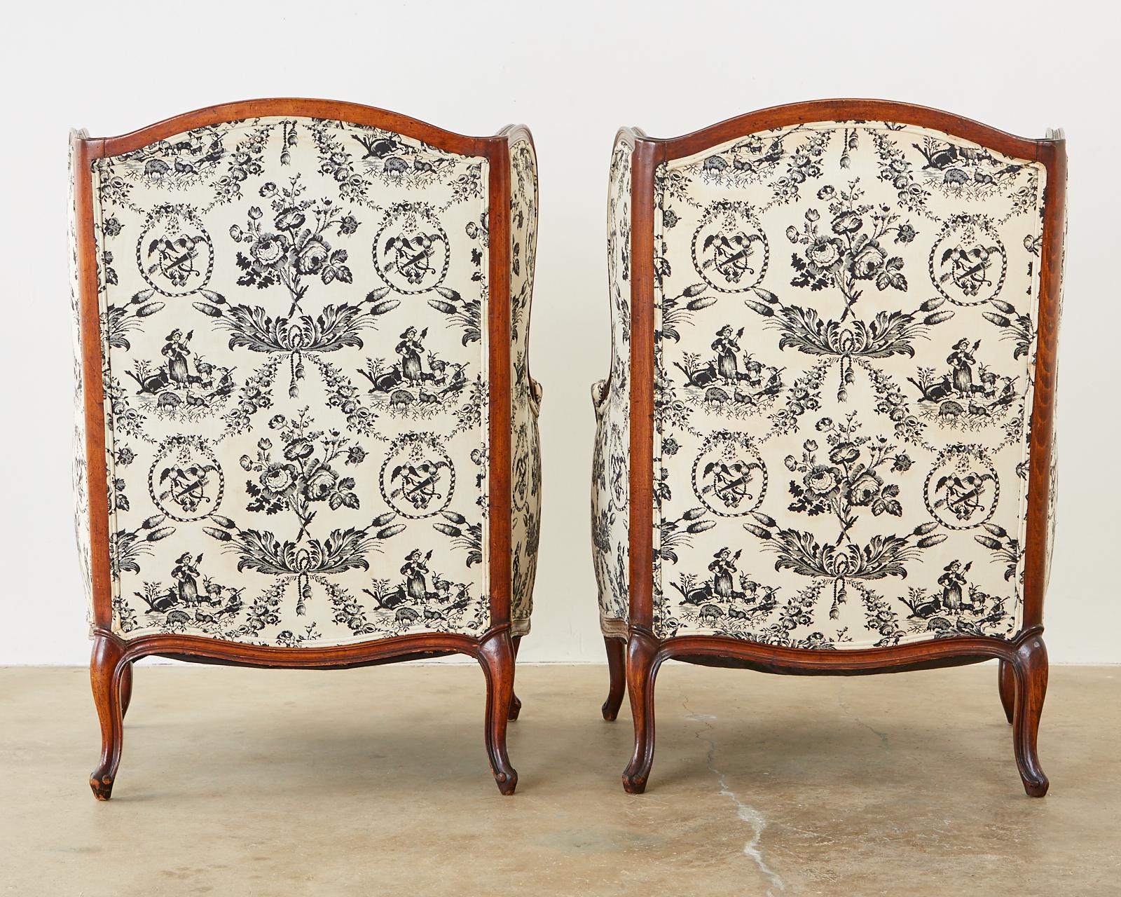 Pair of French Louis XV Style Toile Wingback Chairs 12