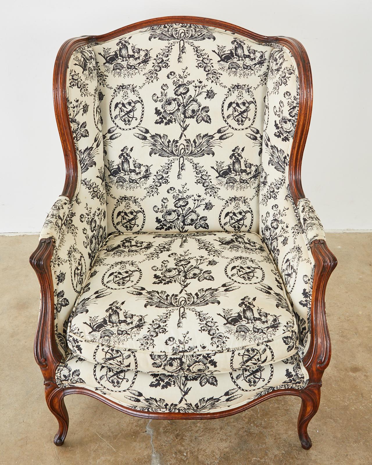 Hand-Crafted Pair of French Louis XV Style Toile Wingback Chairs